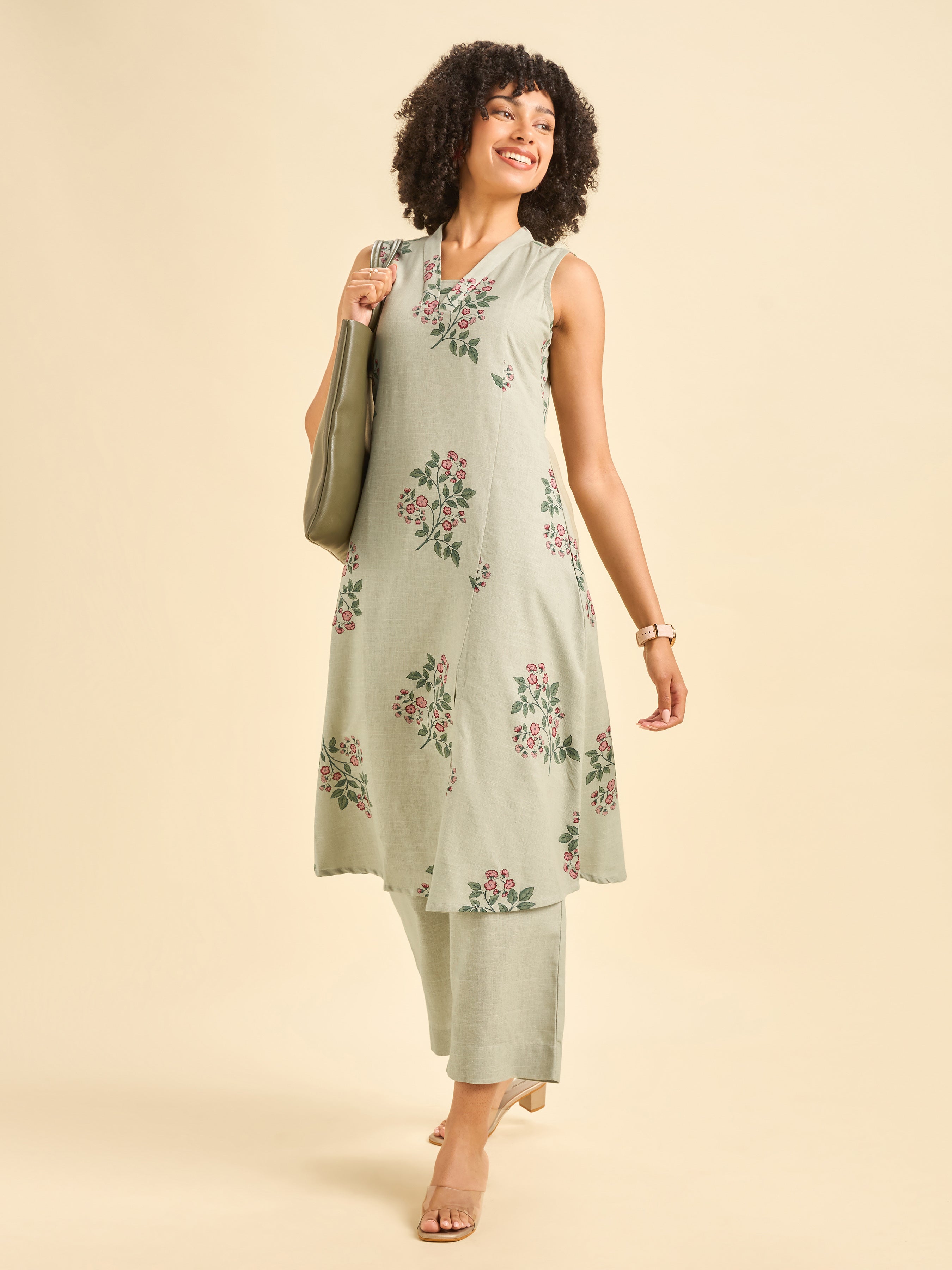 Pista Green Cotton Flax Slub Sleeveless Kurti Set