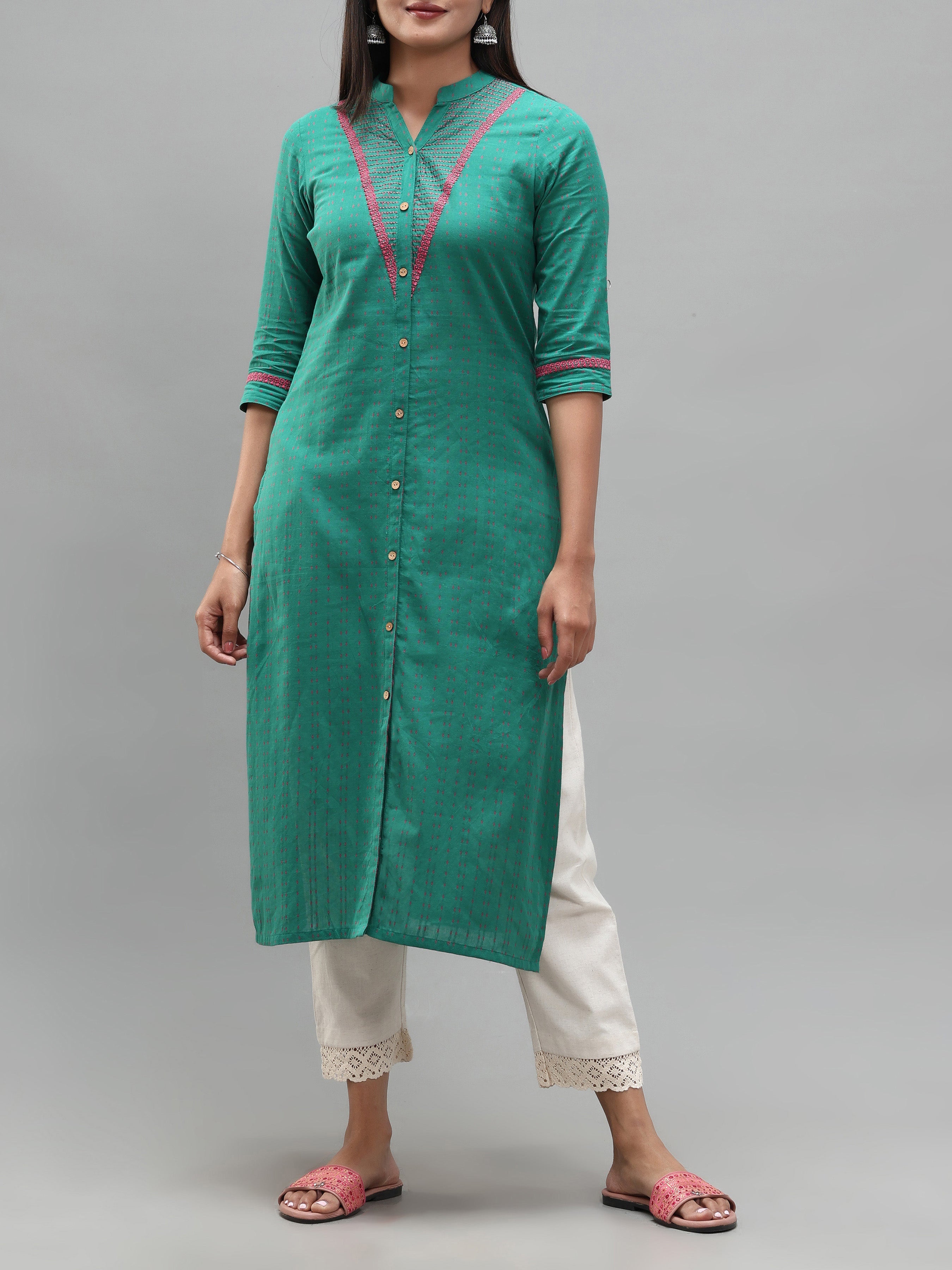 Rama Green Cotton Dobby Kurti With Embroidery