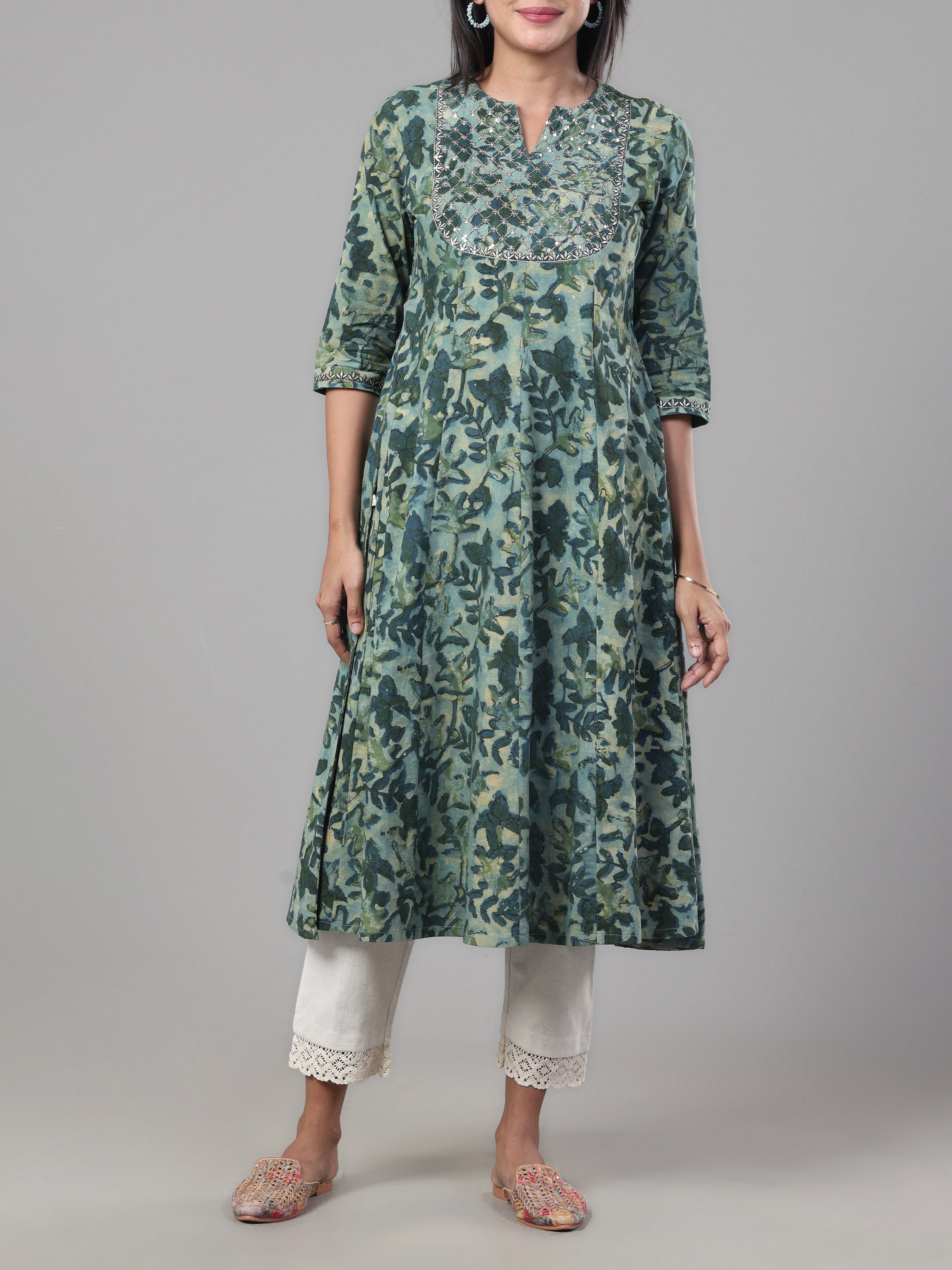 Olive Green Pure Cotton Printed Kurti
