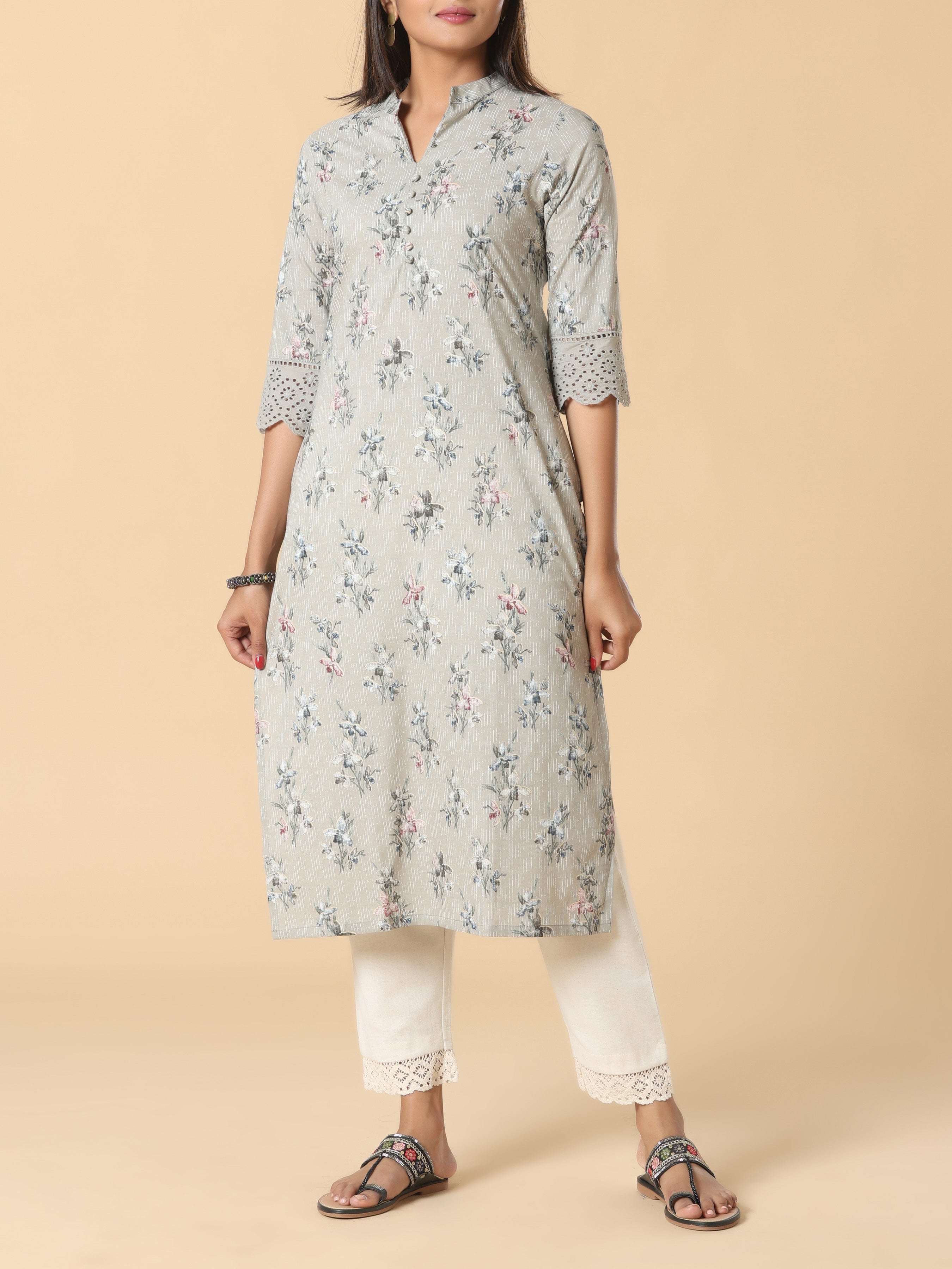 Light Grey Pure Cotton Printed Kurti With Lace Detailing