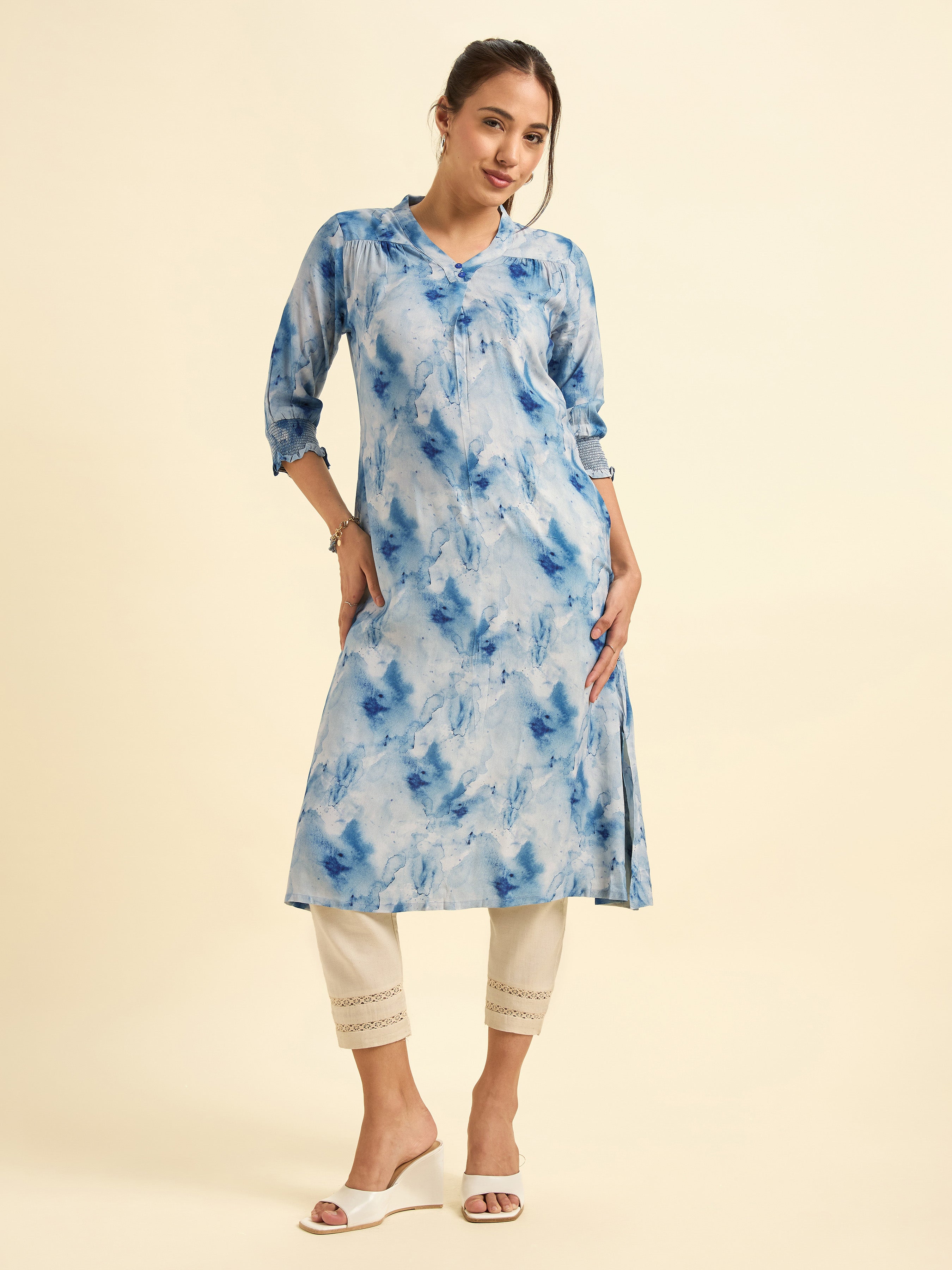 Sky Blue Muticolour Vicose Printed Flared Kurti With Smocking And Knife Pleat