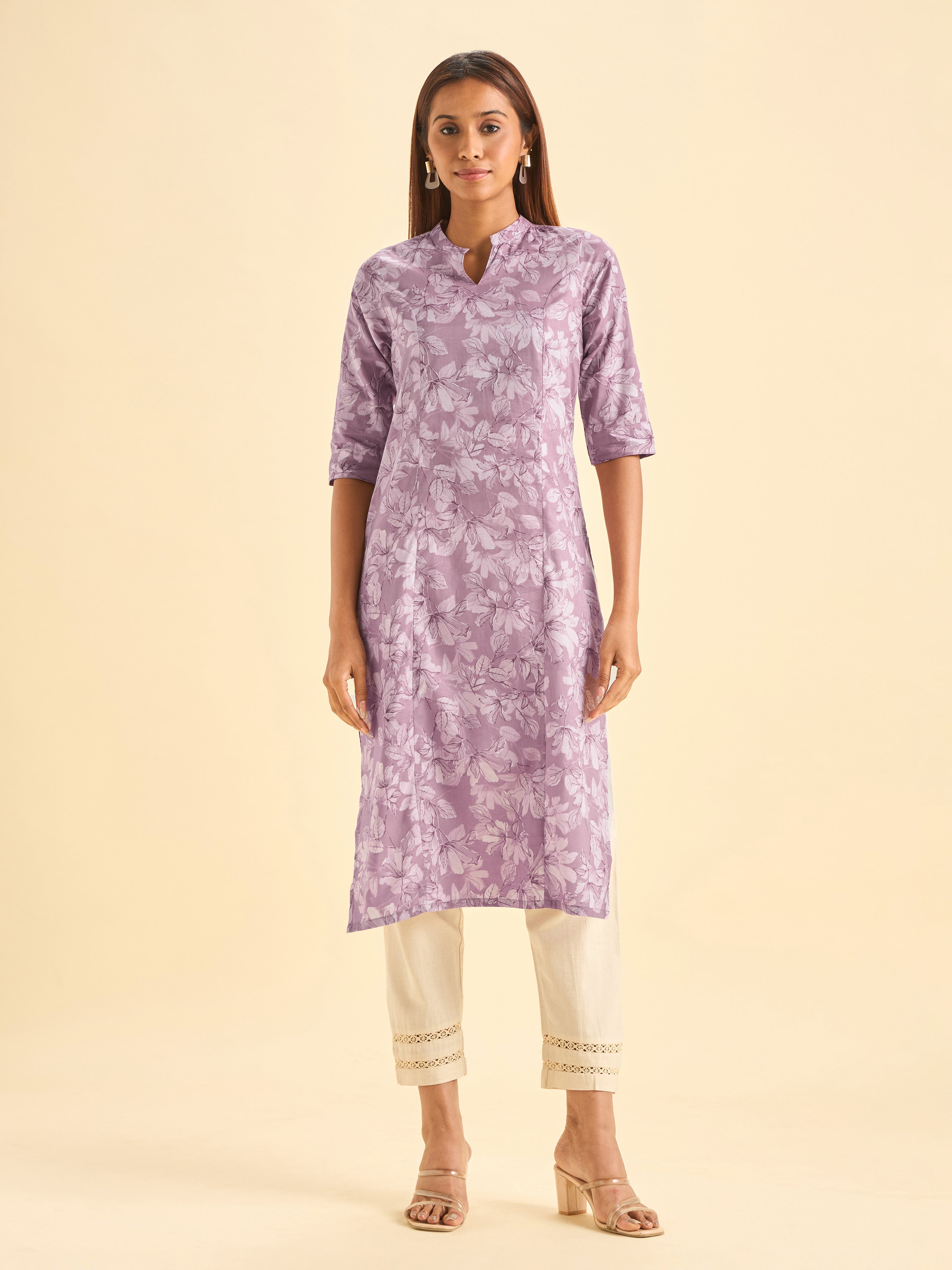Lilac White Pure Cotton Printed Kurti