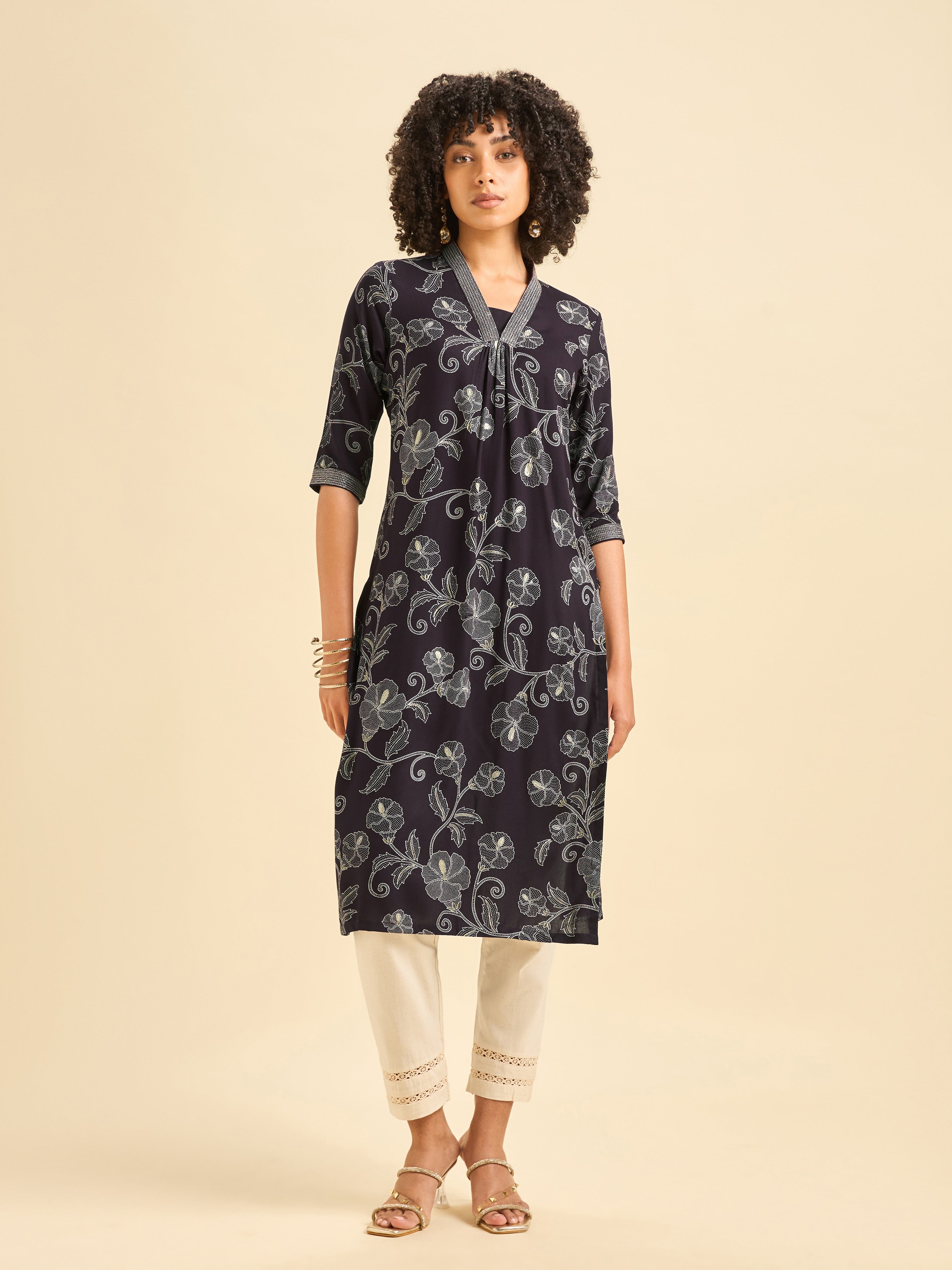 Dark Wine Red Viscose Slit Printed Kurti With Embroidery