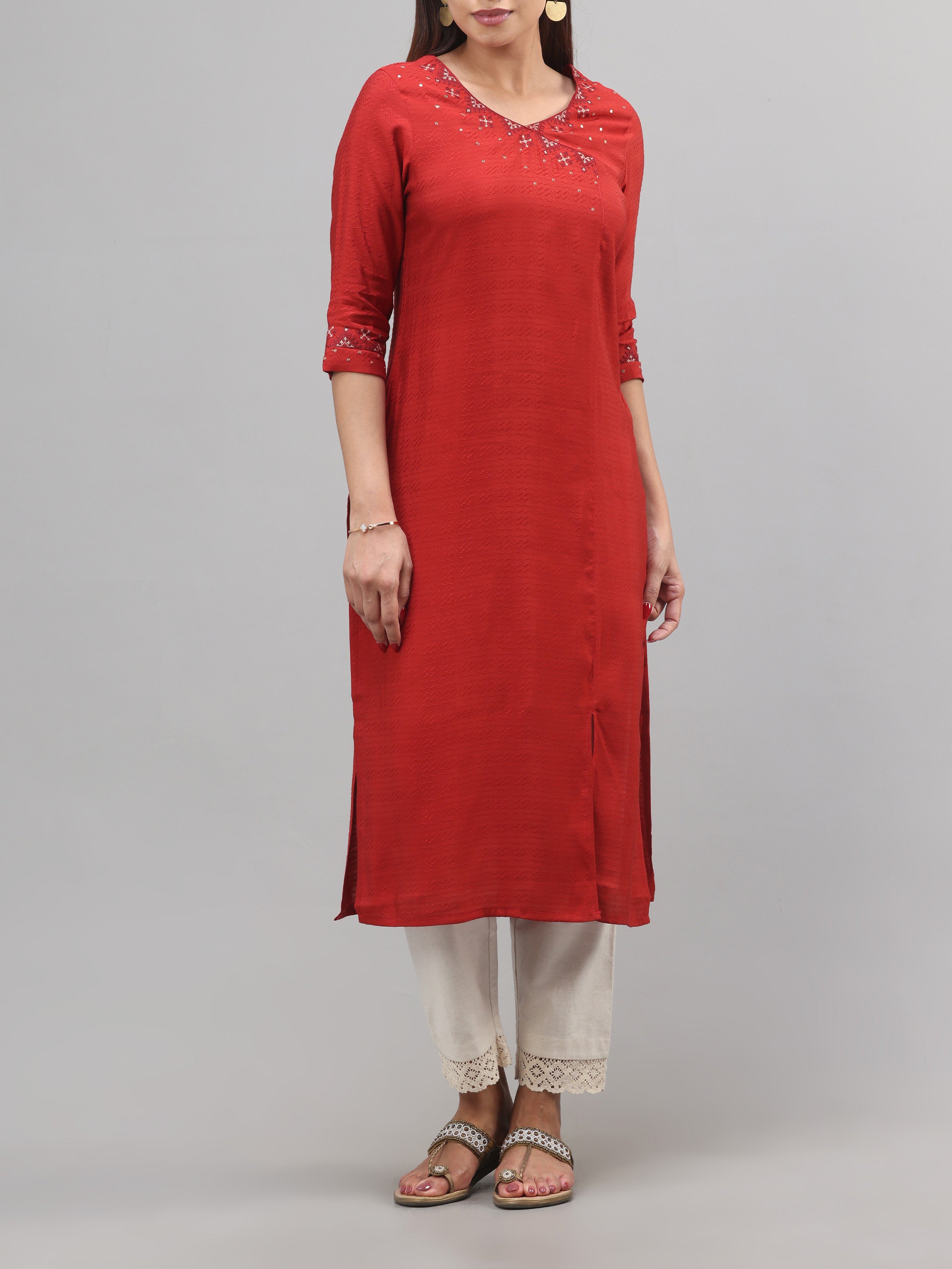 Red Viscose Plain Kurti With Embroidery