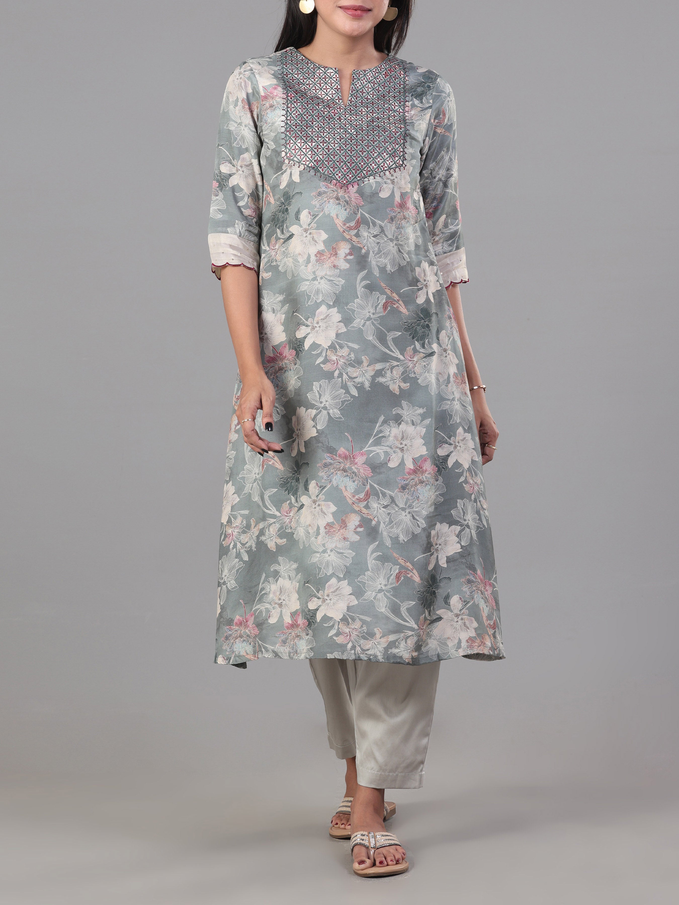 Multi Colour Muslin Printed Kurti With Embroidery And Matching Bottom