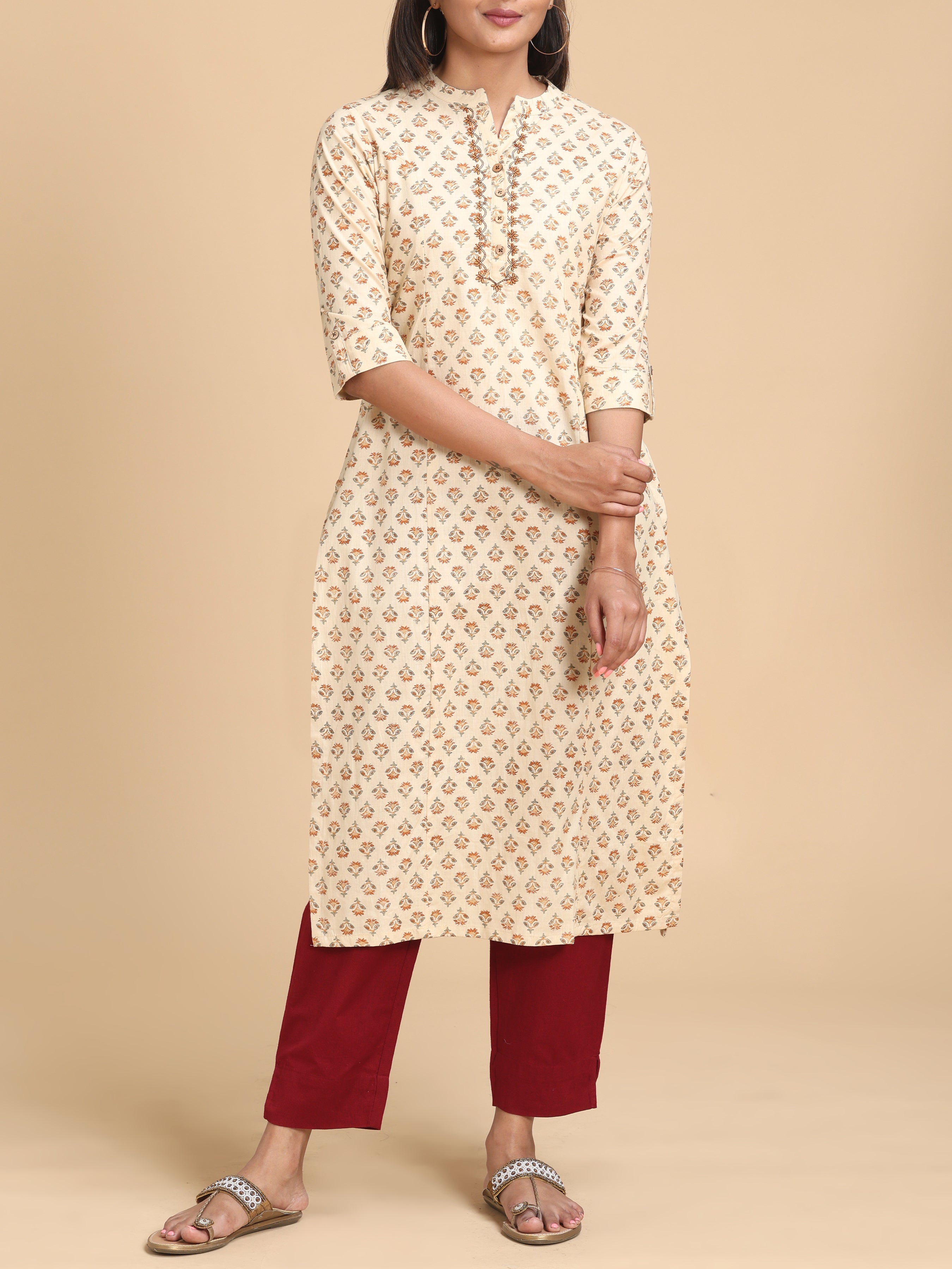 Beige Pure Cotton Printed Kurti