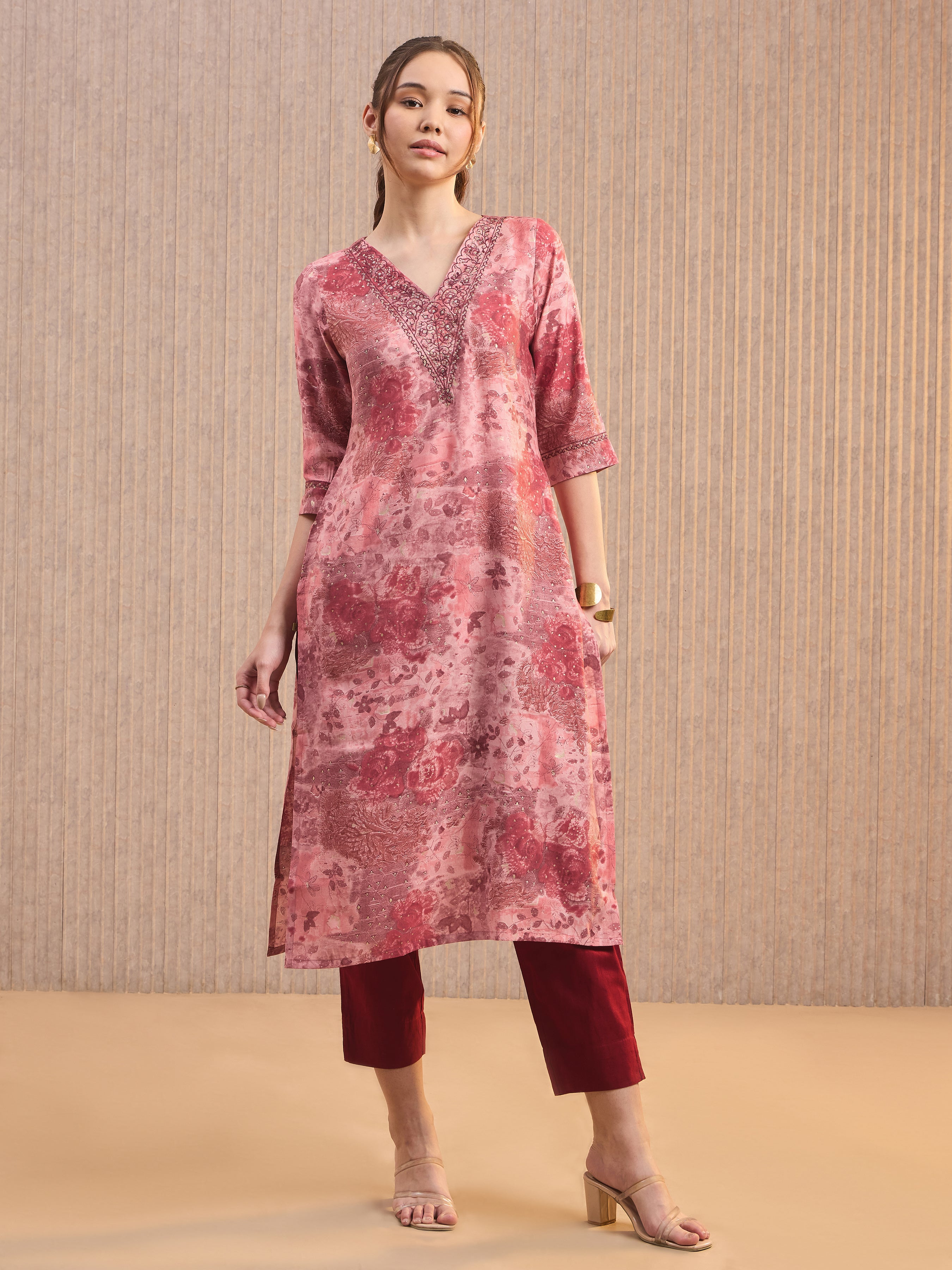 Pink Modal Chanderi Foil Printed Kurti With Sequins Work