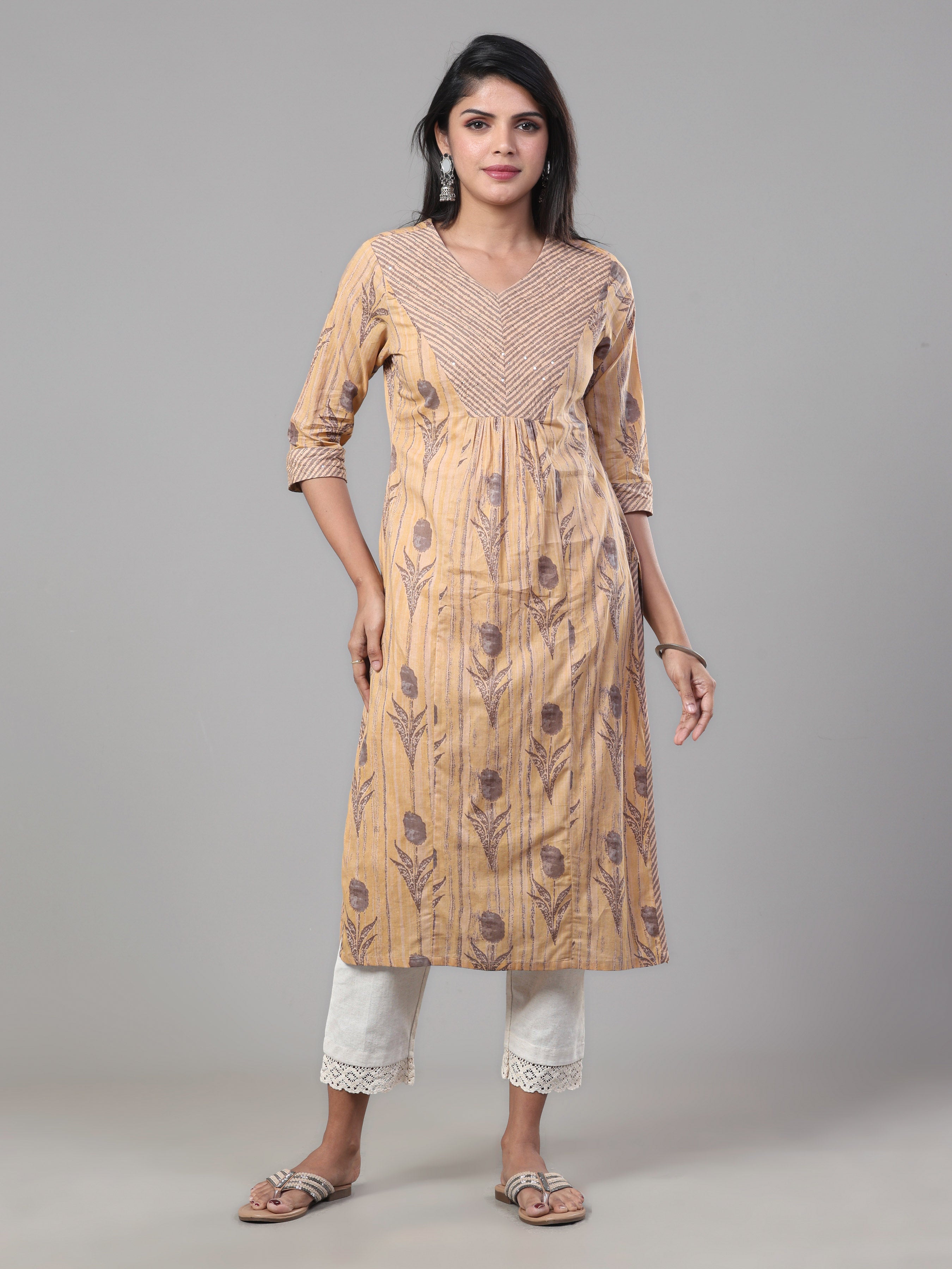 Beige Pure Cotton Printed Kurti With Embroidery