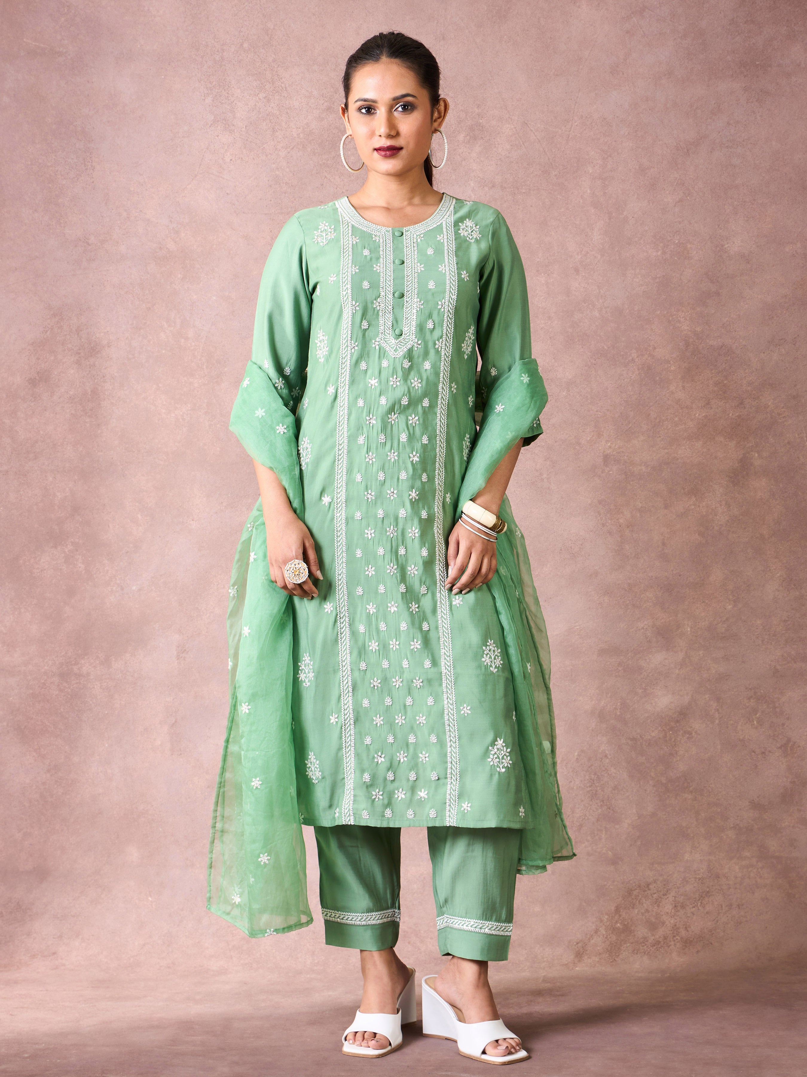Mint Green Viscose Blend Kurti Set & Dupatta With Embroidery