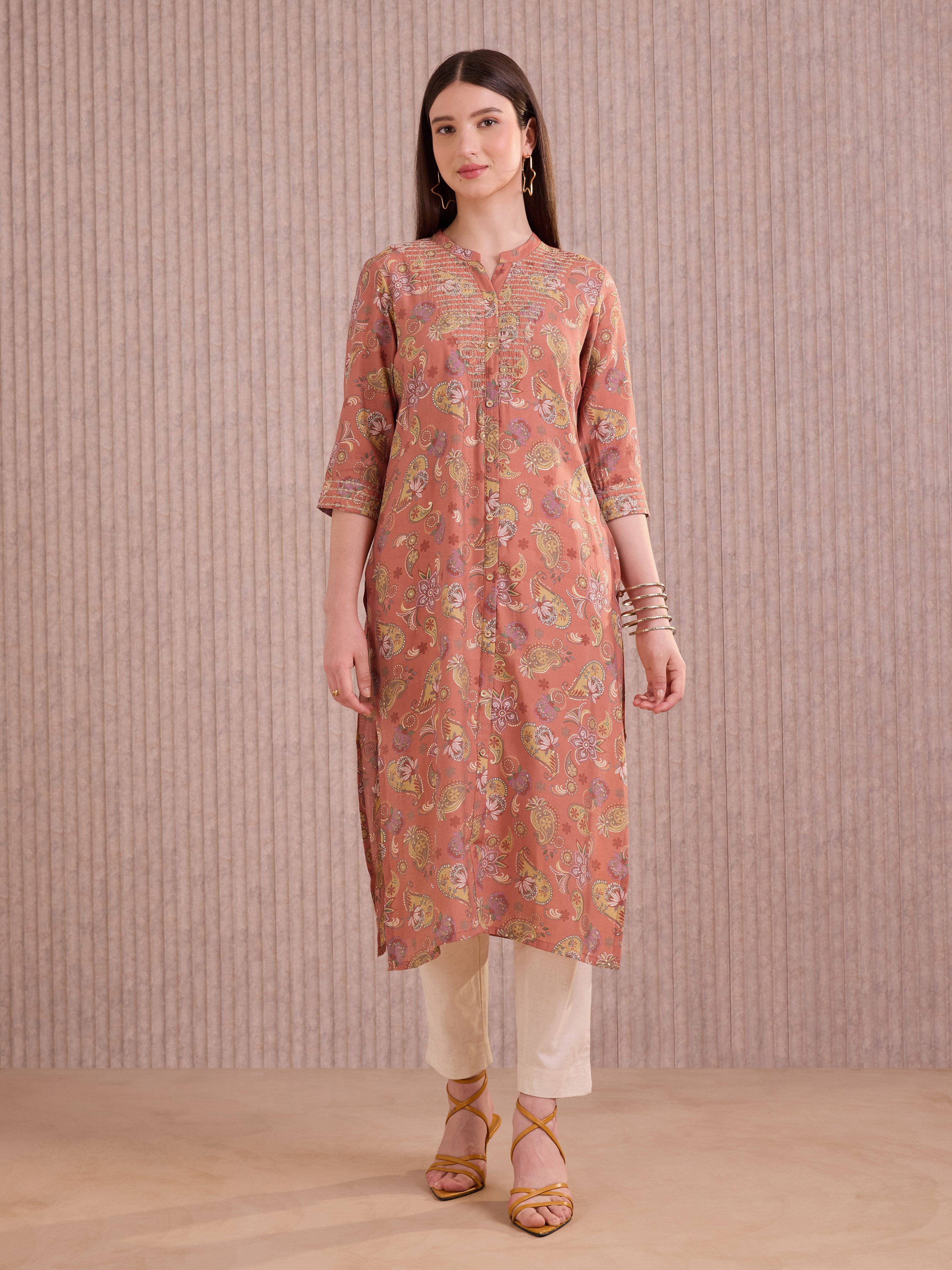 Orange Modal Chanderi Foil Printed Kurti With Seqiuins Embroidery