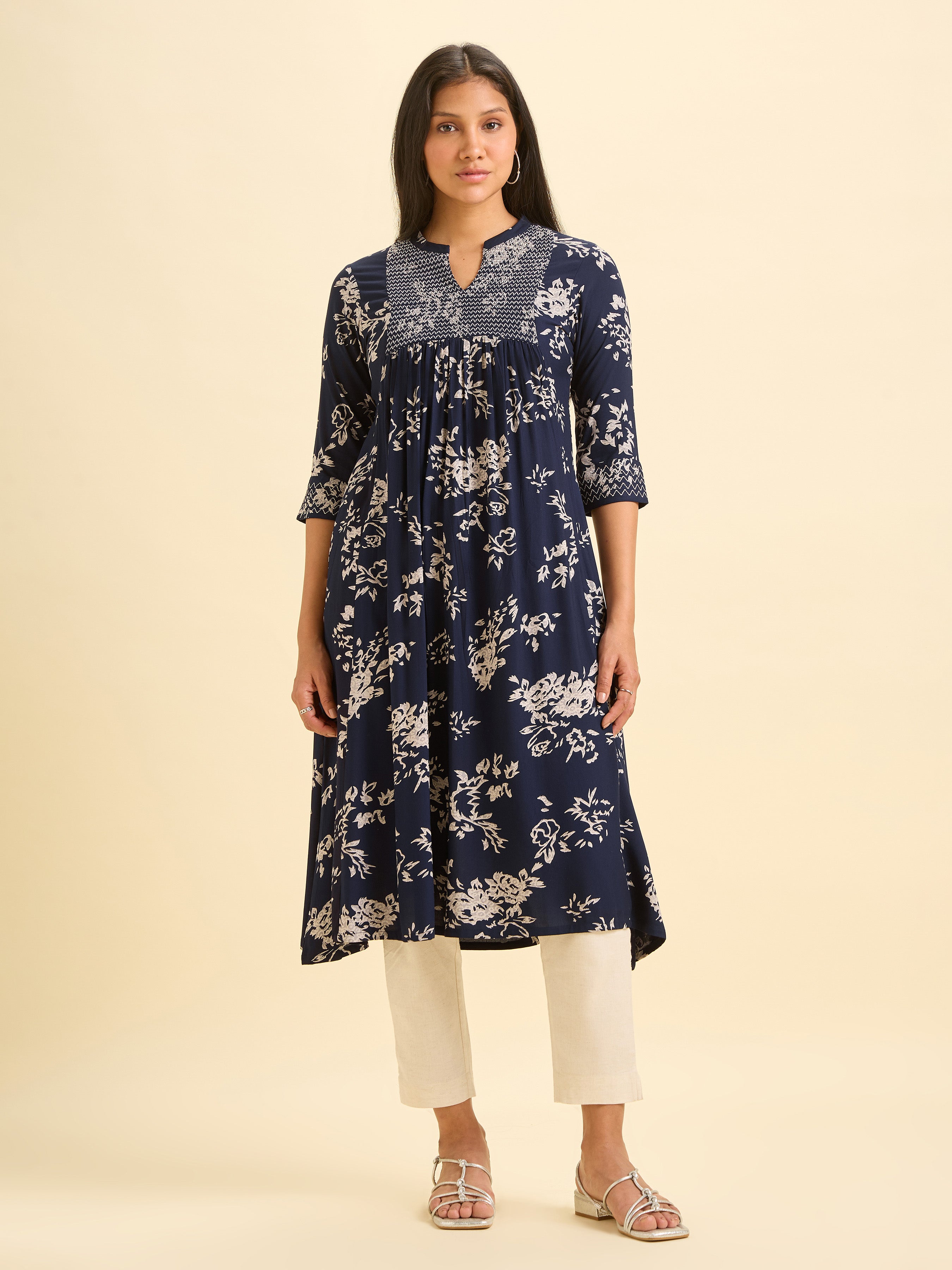 Navy Blue And Ivory Viscose Printed Flared Kurti With Smocking Embroidery