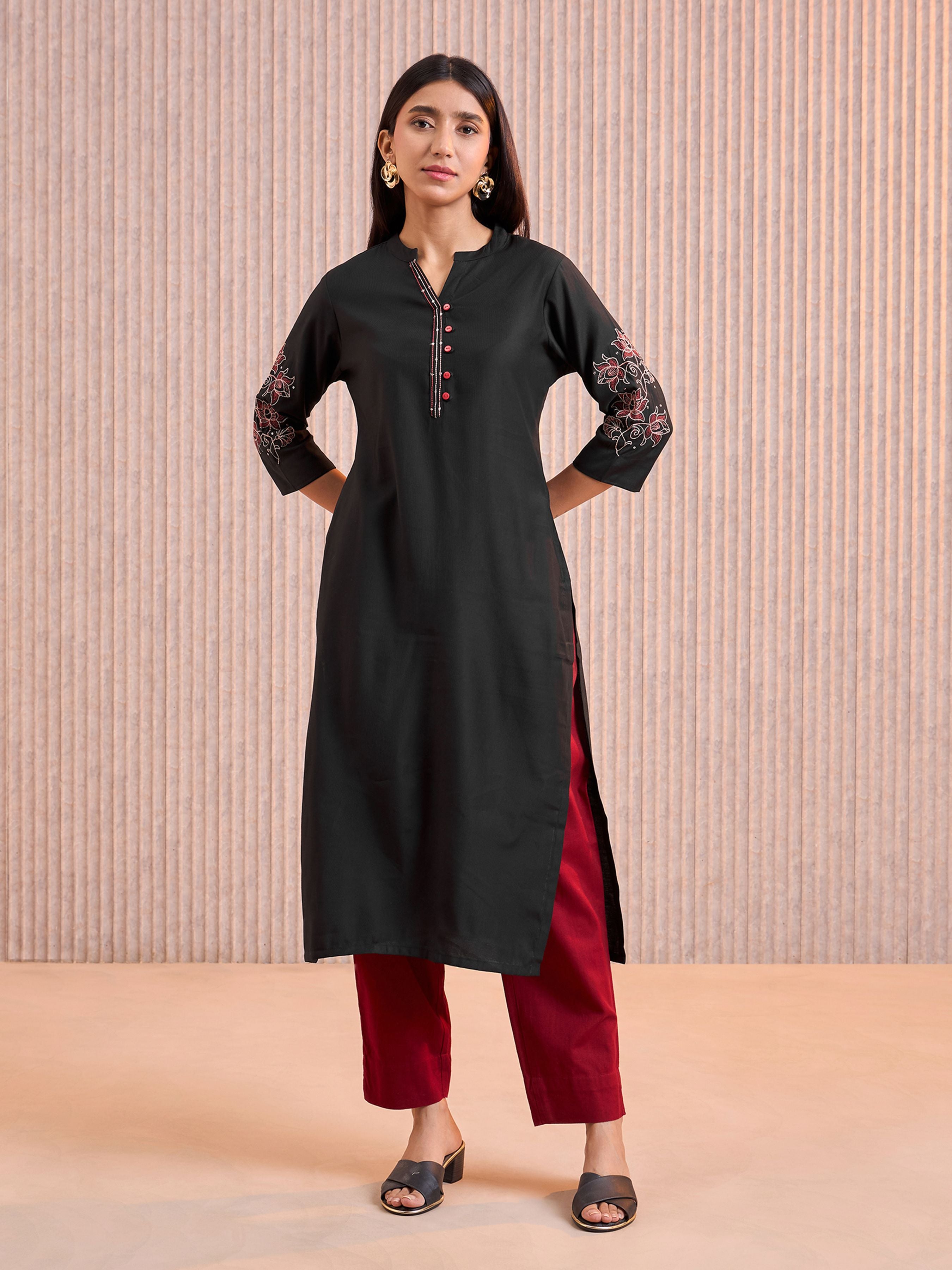 Black Viscose Plain Kurti With Embroidery& Sequins Work
