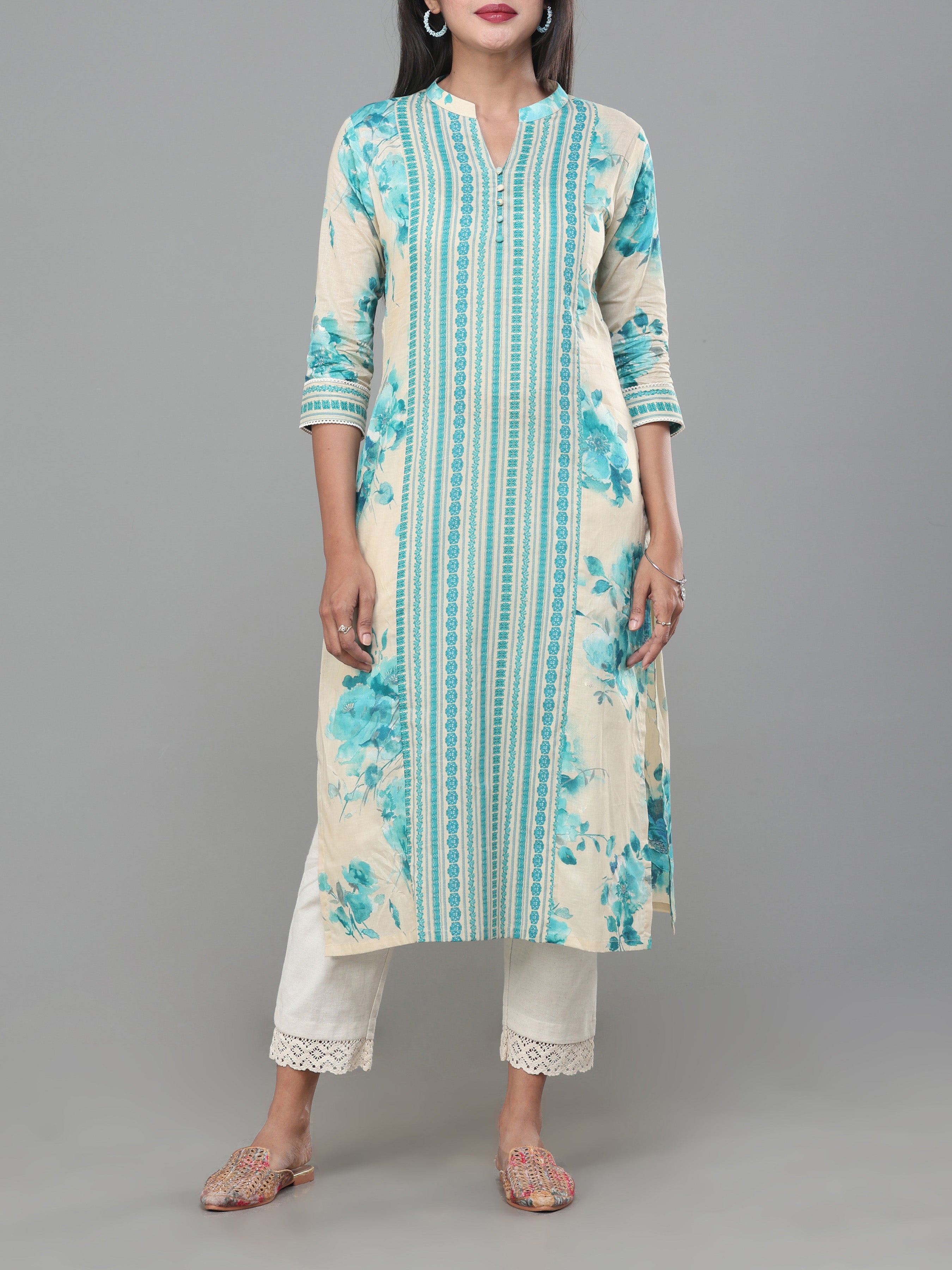 Beige And Blue Pure Cotton Printed Kurti With Center Cut