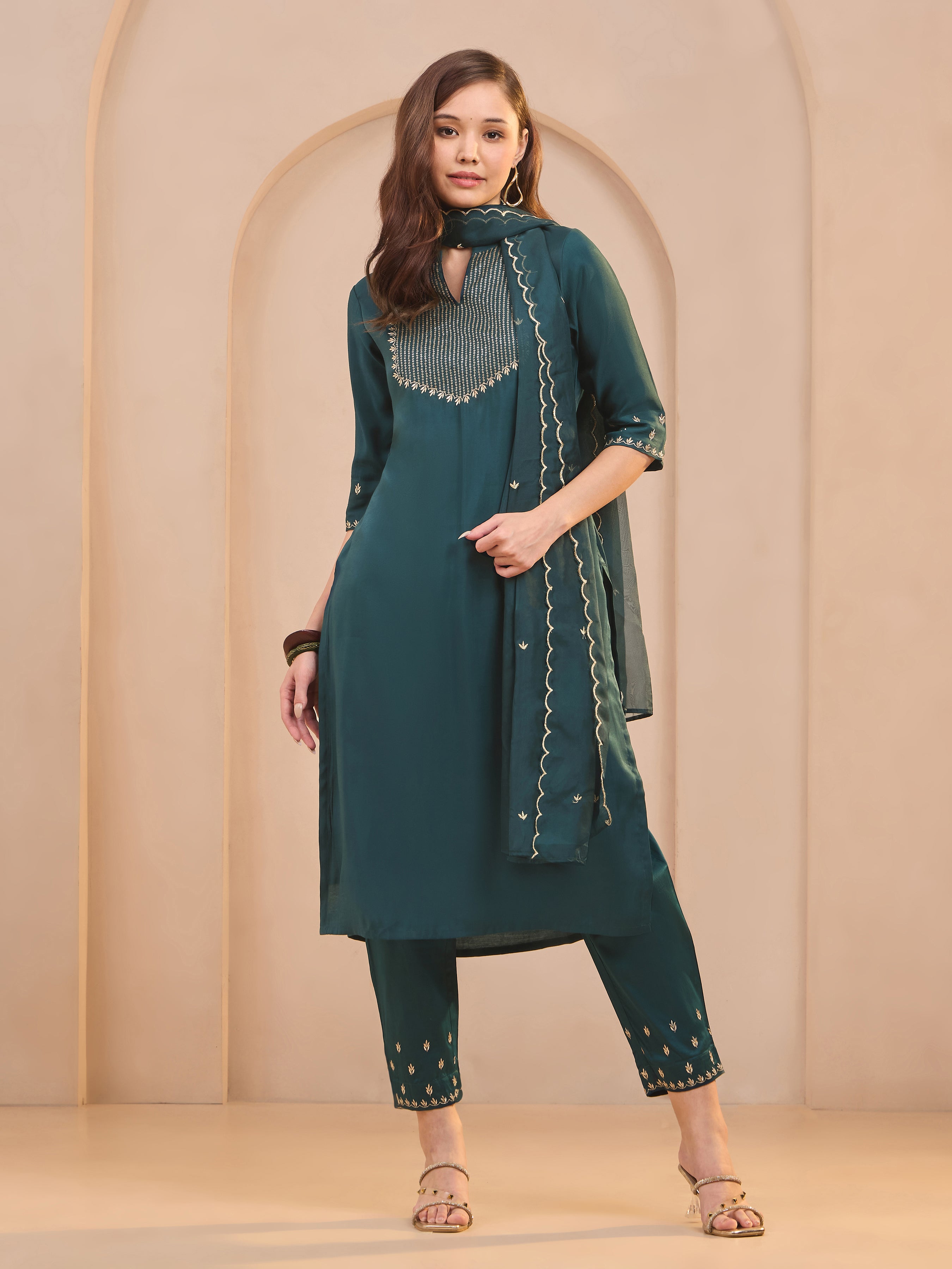 Teal Viscose Blend Kurti Set & Dupatta With Sequins Embroidery