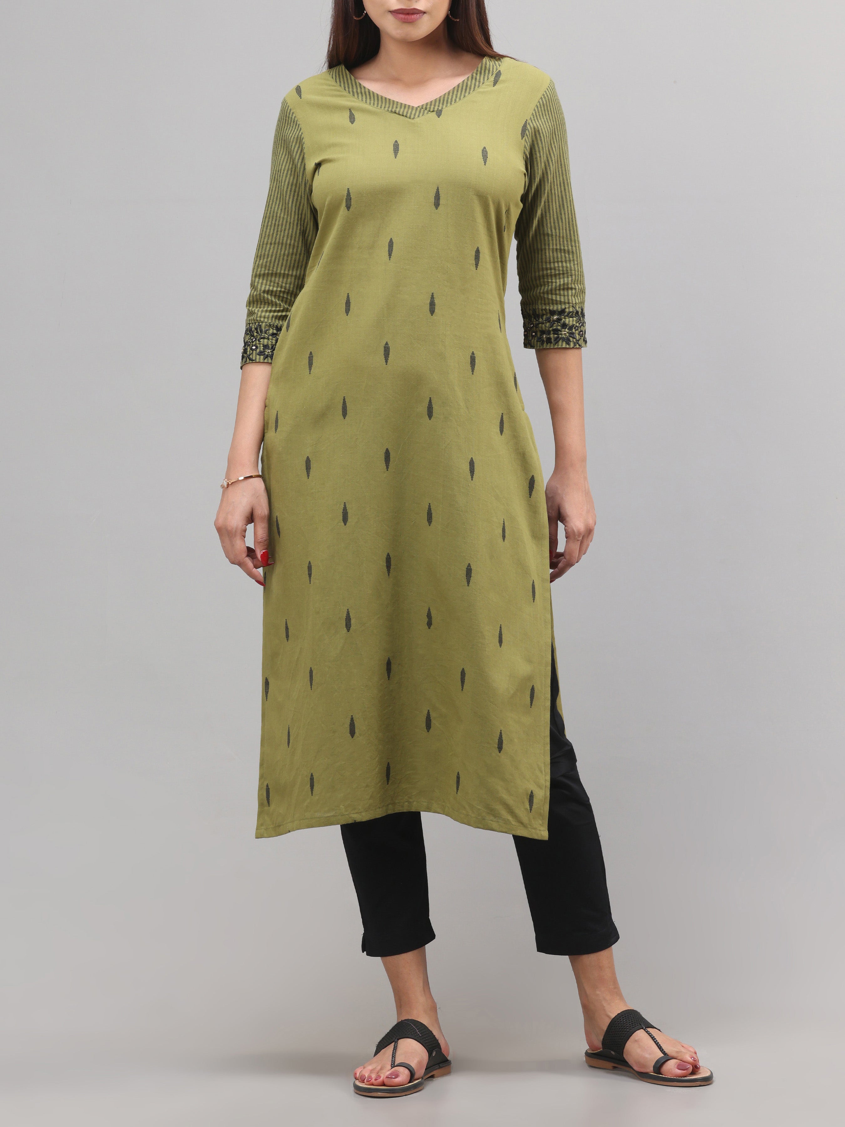 Olive Green Cotton Dobby Kurti With Print