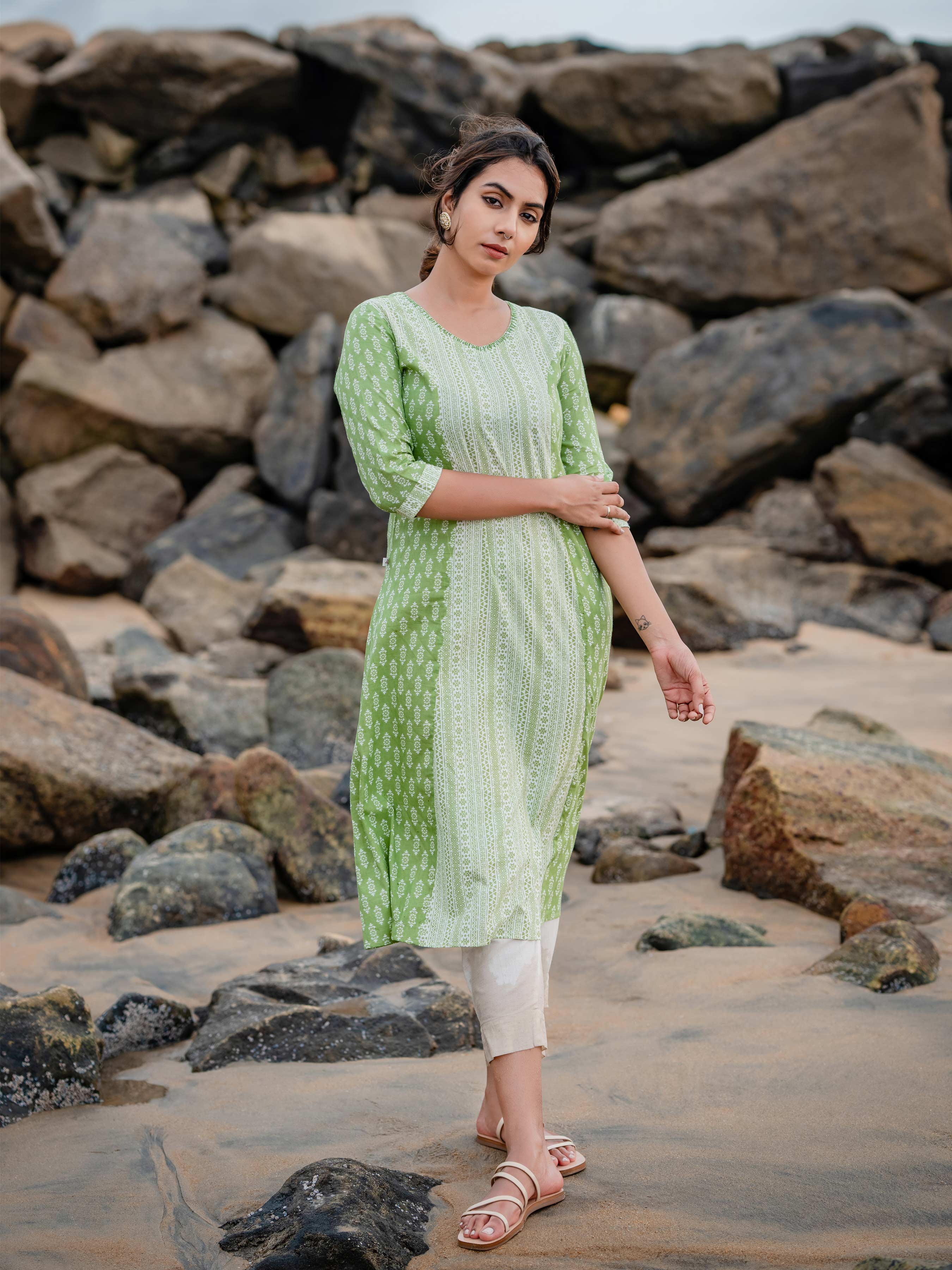 Light Green Pure Cotton Kurti With Print