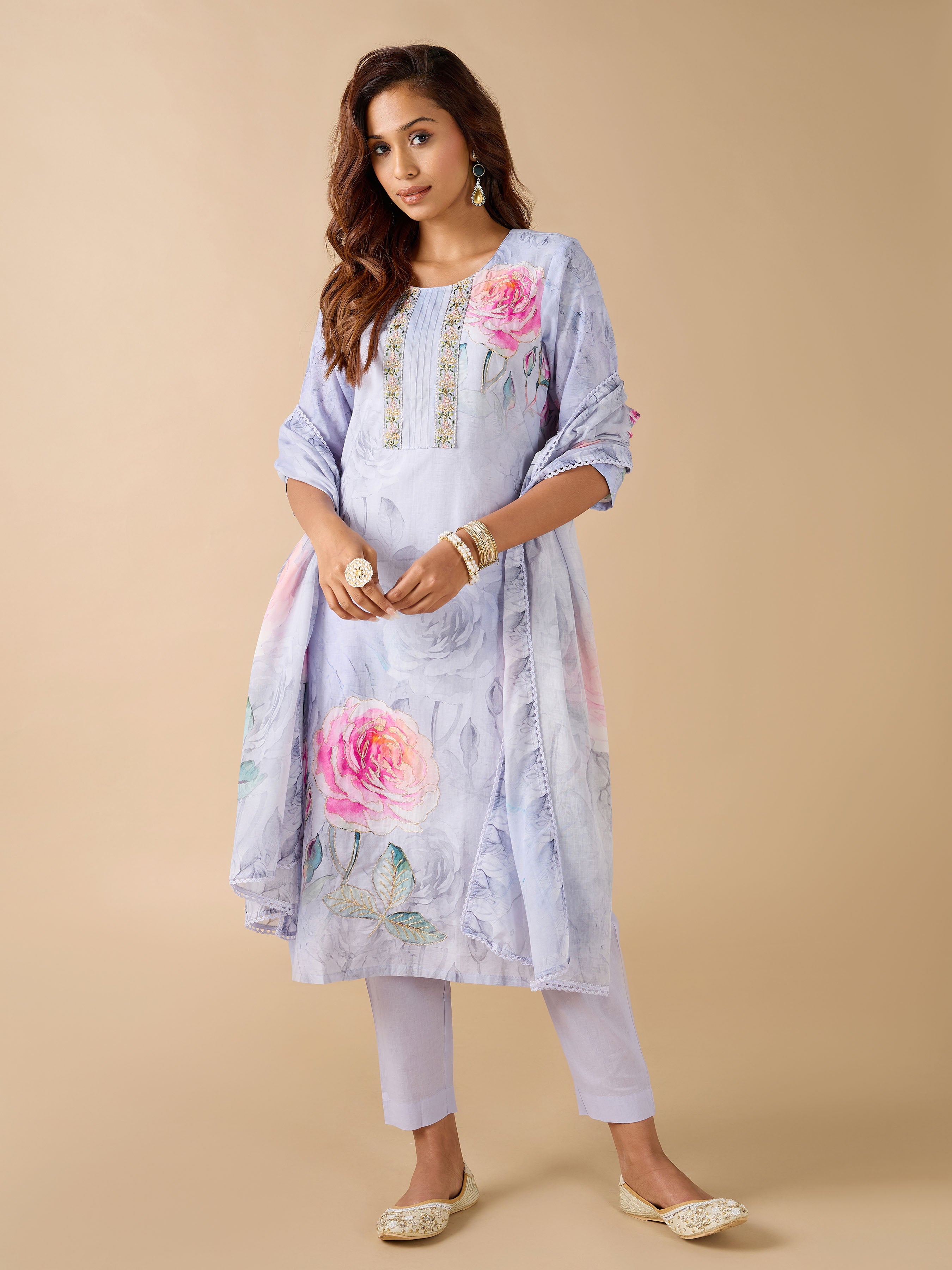 Lavender Pure Cotton Printed Kurti With Embroidery And Matching Bottom
