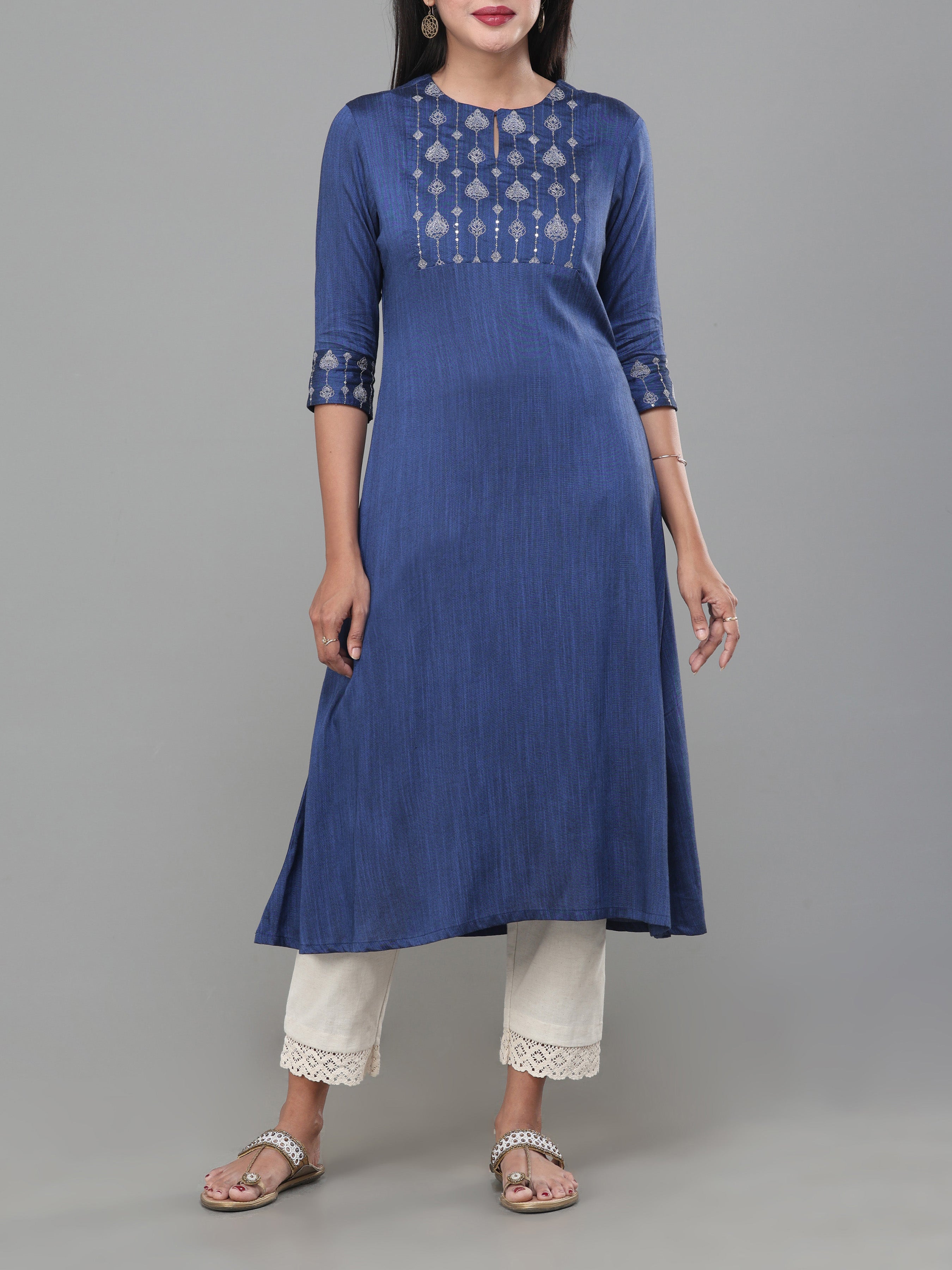 Royal Blue Viscose Slub Kurti With Embroidery