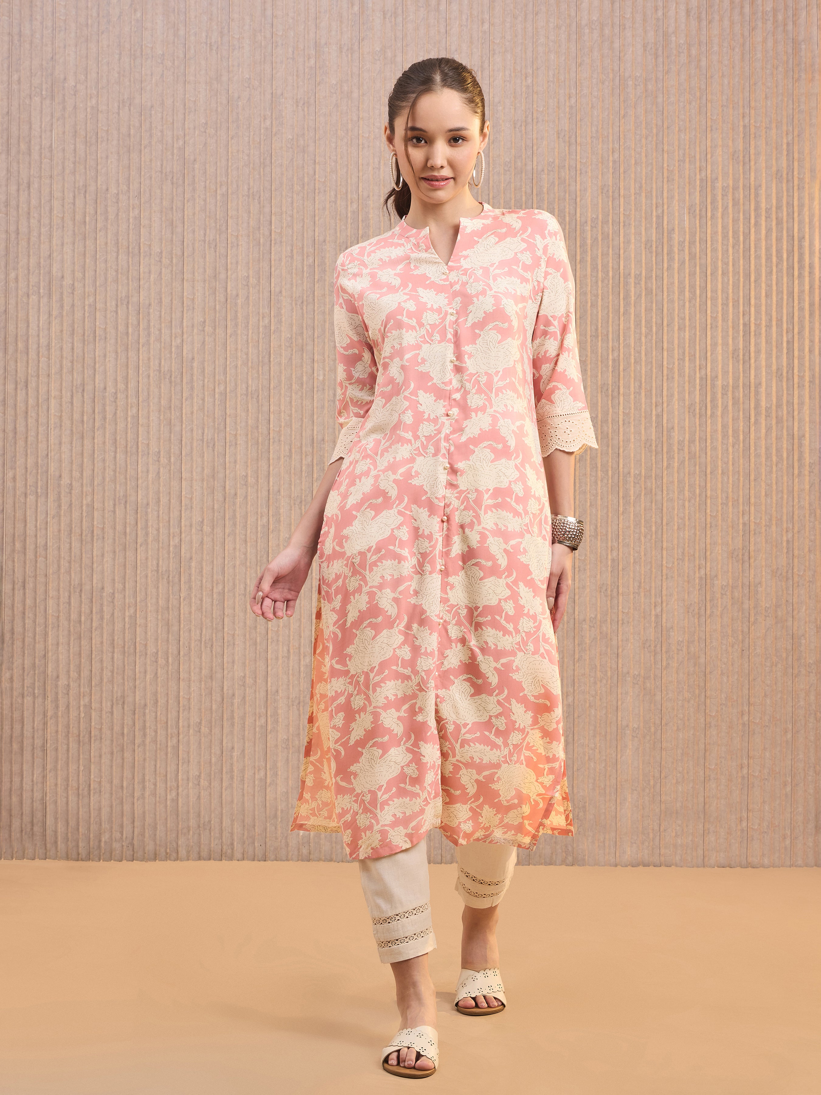 Blush Pink Viscose Printed Kurti With Lace Detailing