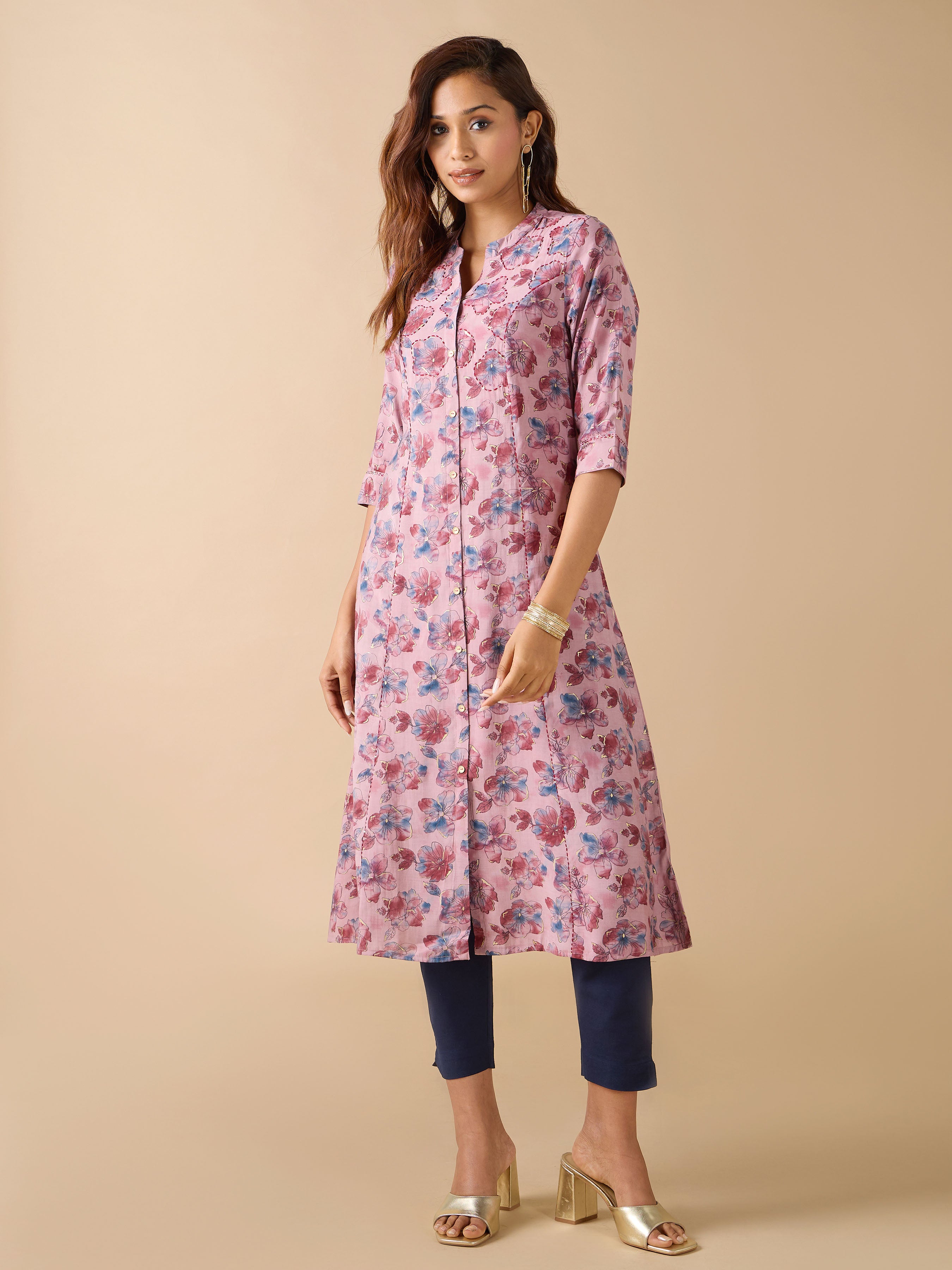 Onion Pink Modal Chanderi Printed Kurti With Sequins Work