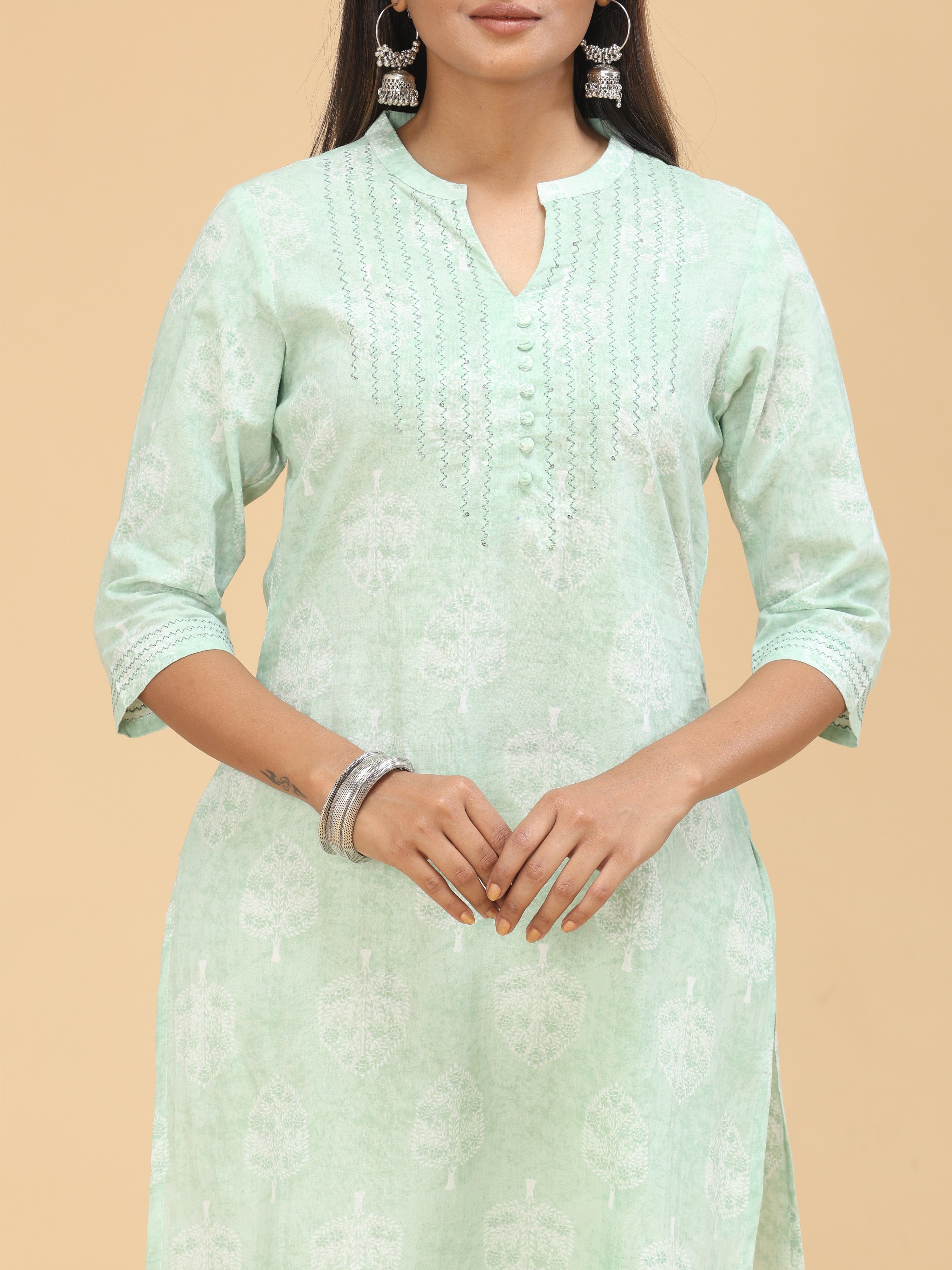 Light Green Pure Cotton Kurti With Print