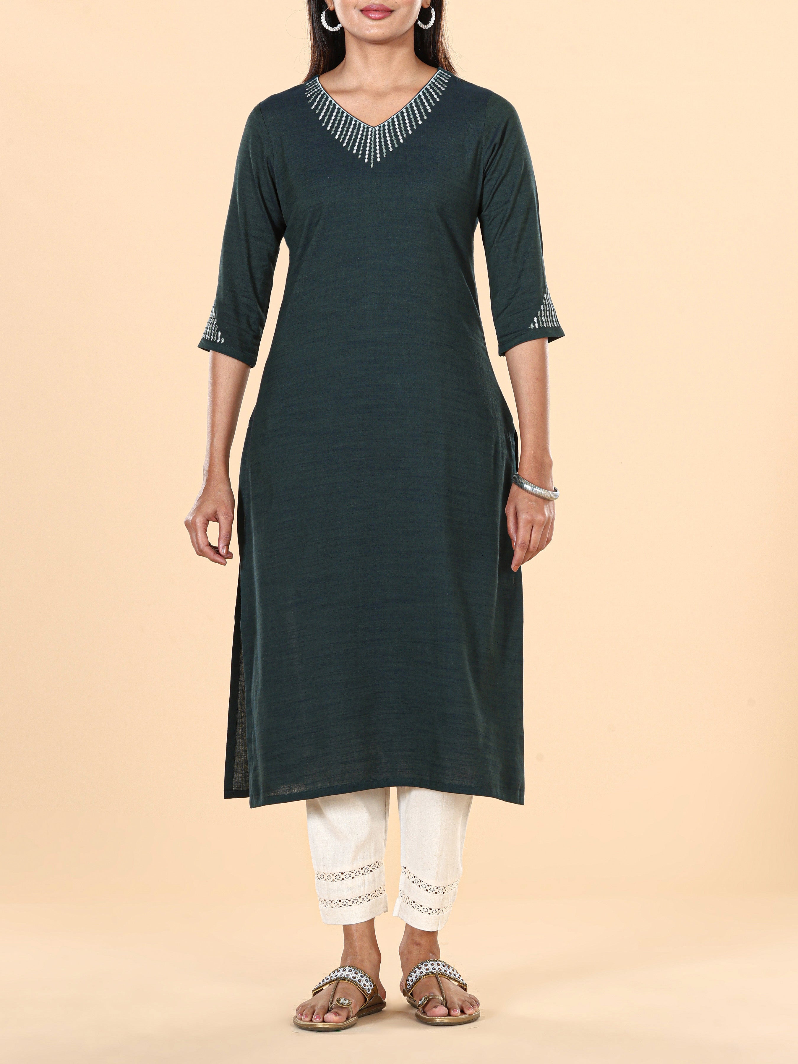 Teal Blue Viscose Cotton Kurti With Embroidery