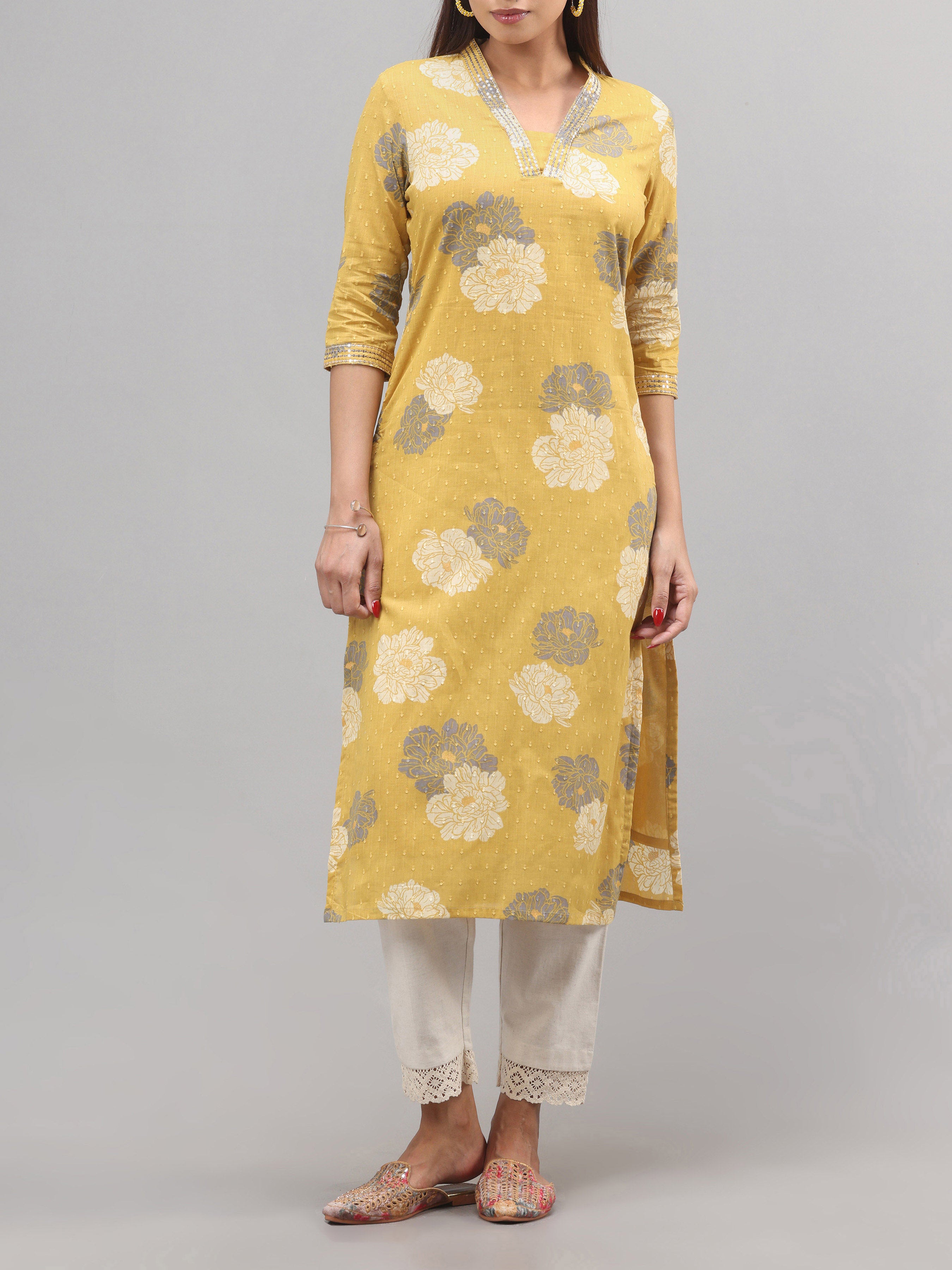 Mustard Colour Cotton Dobby Printed Kurti With Sequins Work