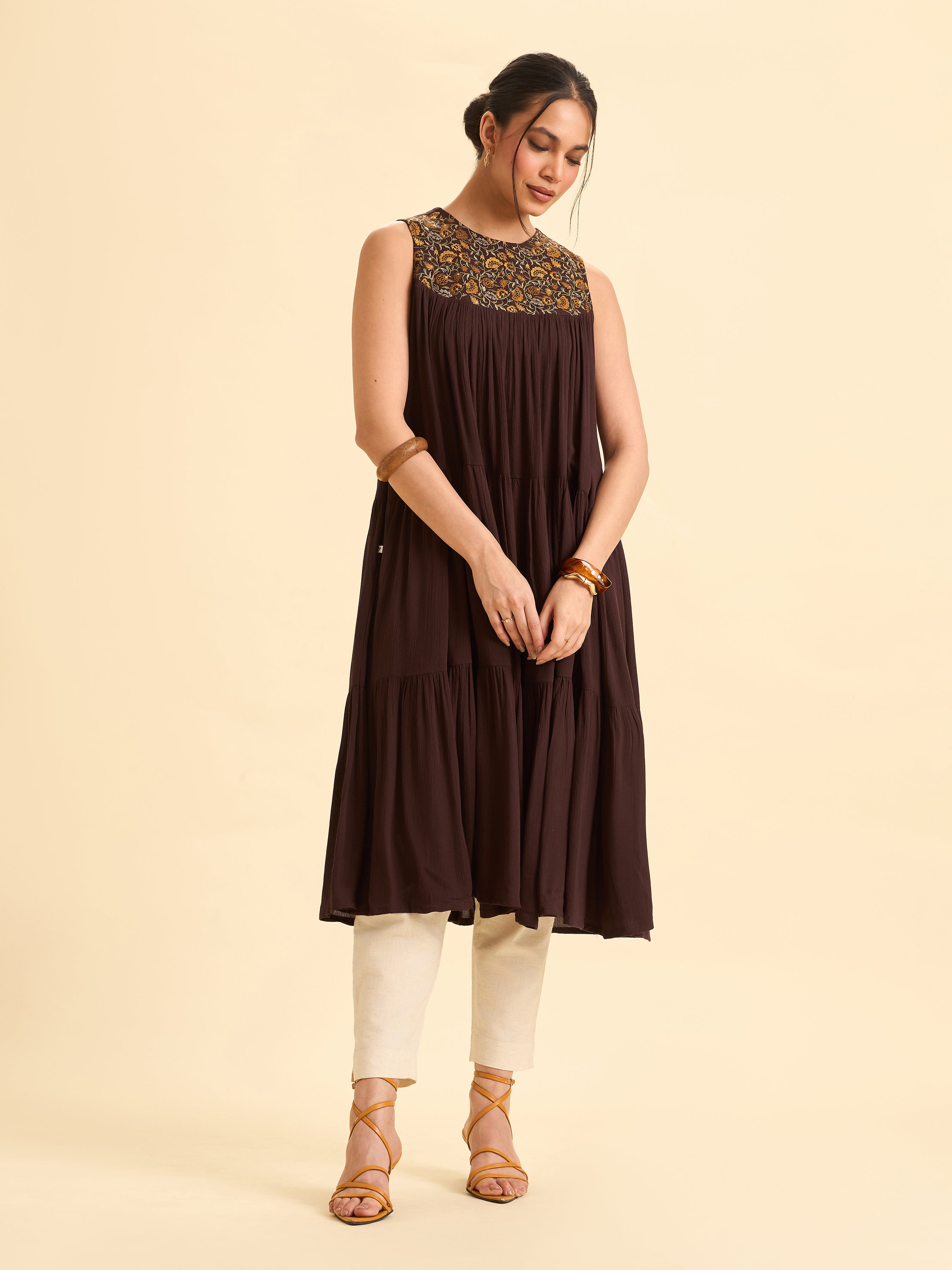 Women Wearing Coffee Brown Wrinkle Viscose Plain Flared Tiered Cut Kurti With Sequins Embroidery