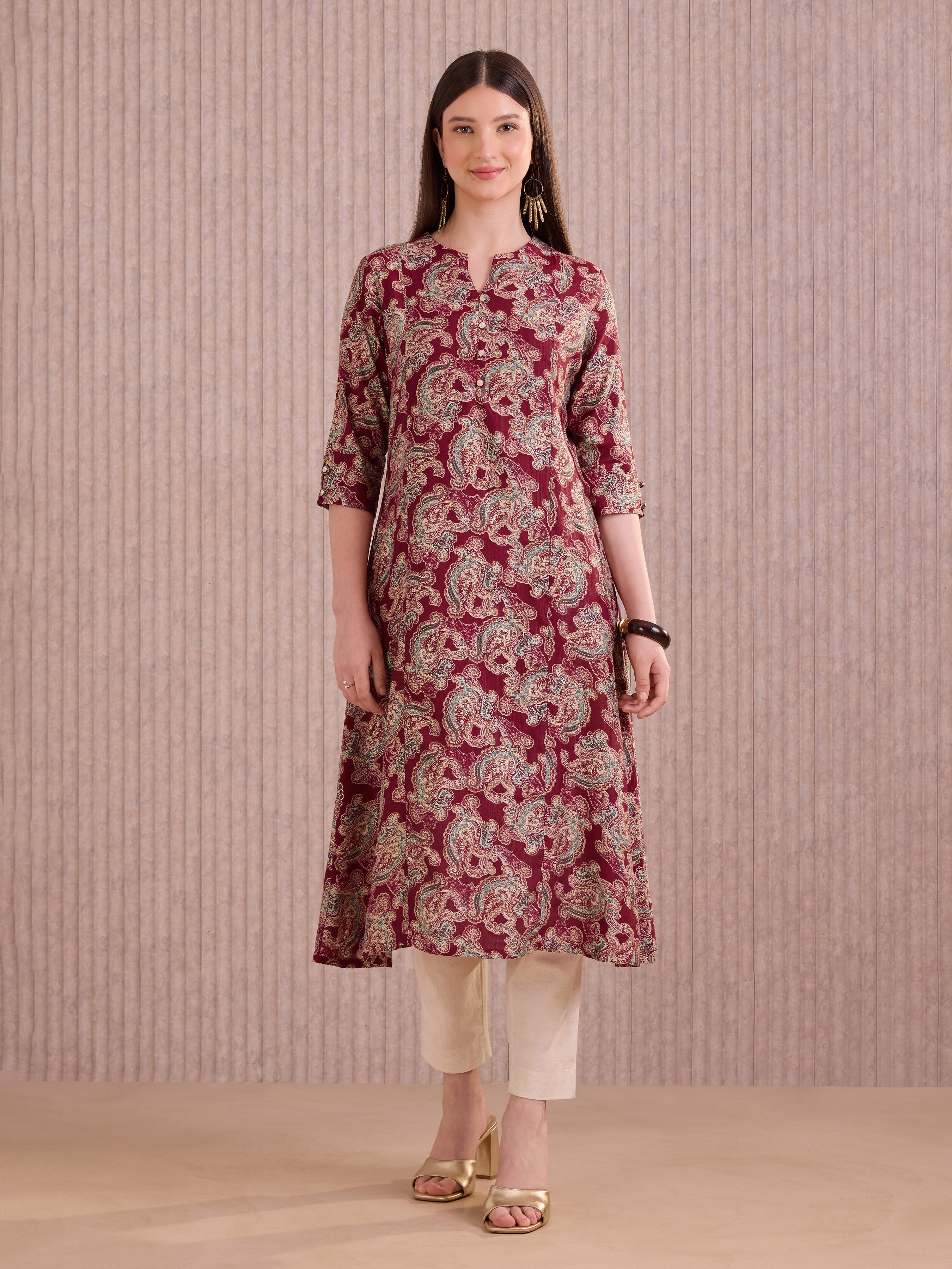 Maroon Viscose Blend Printed Kurti