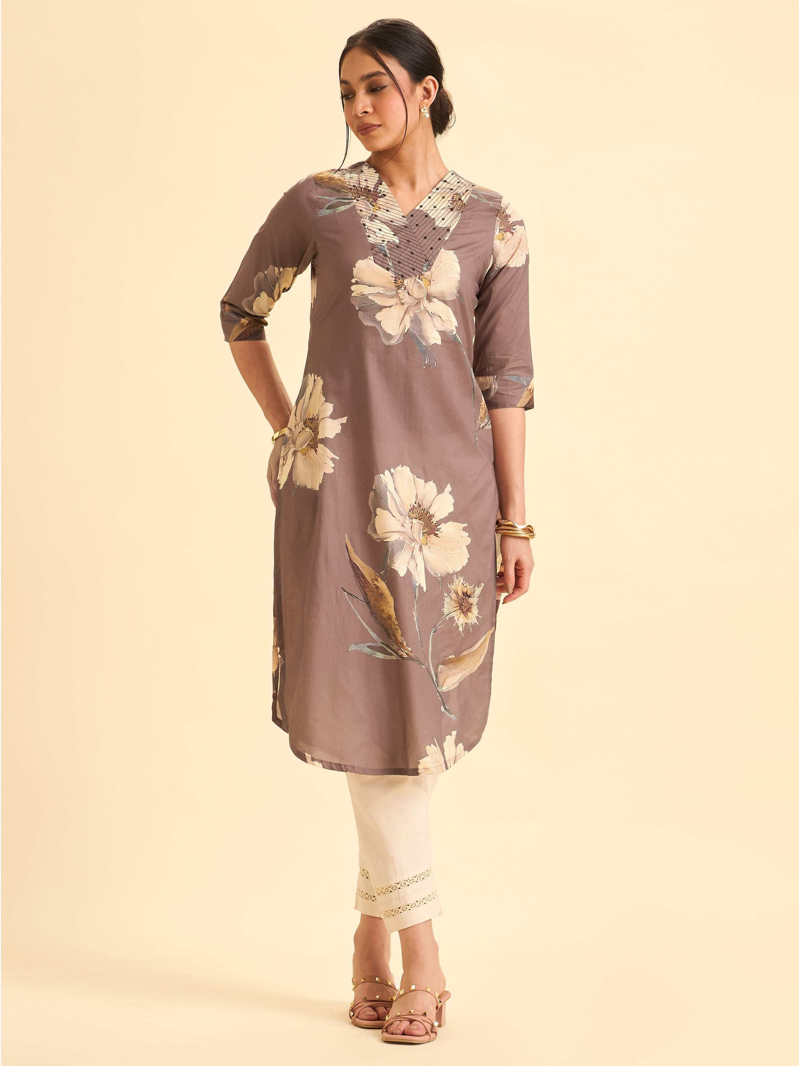Brown Cotton Kurta With Multi Colour Print And Embroidery