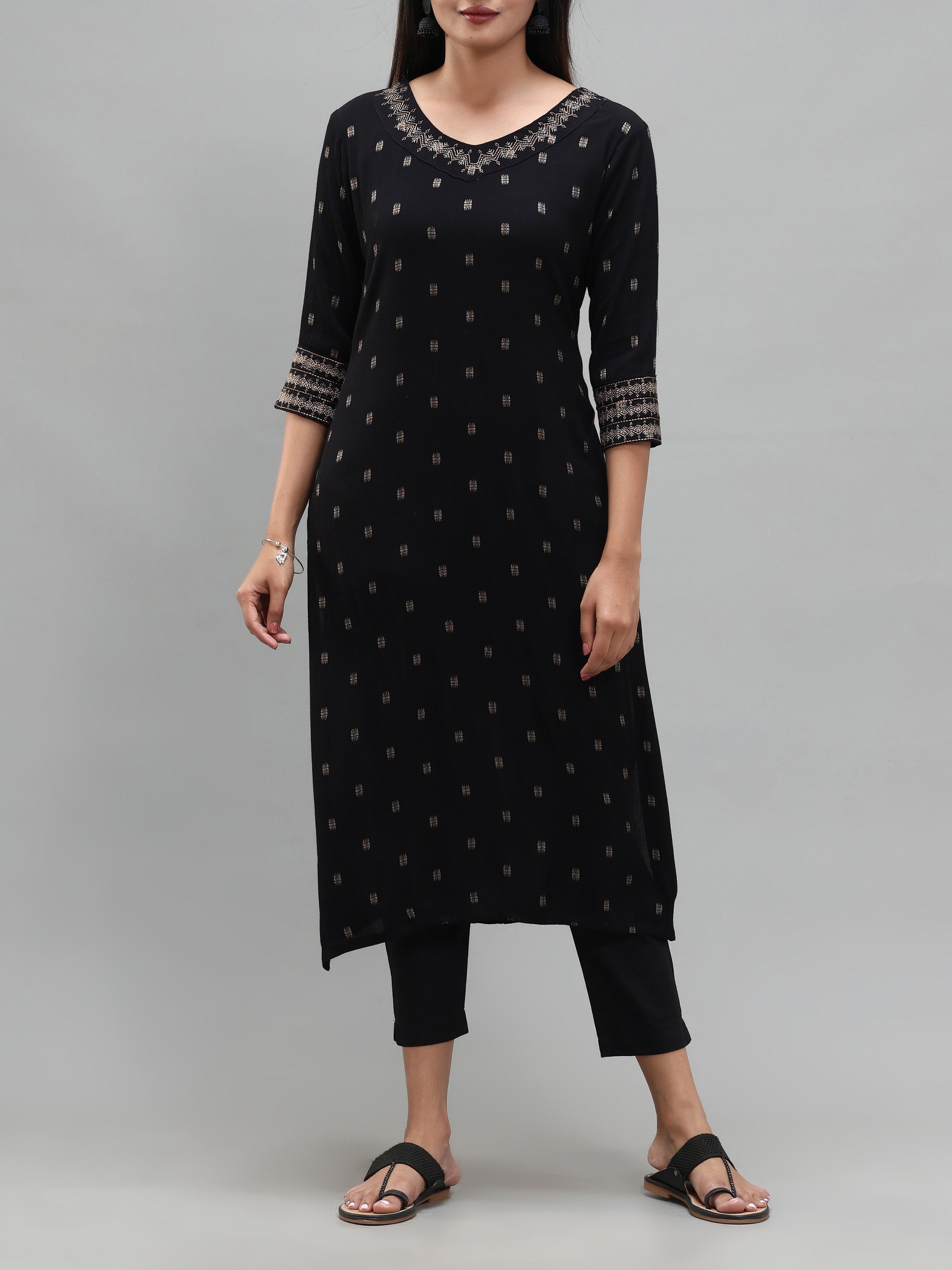 Black Wrinkle Viscose Kurti With Embroidery