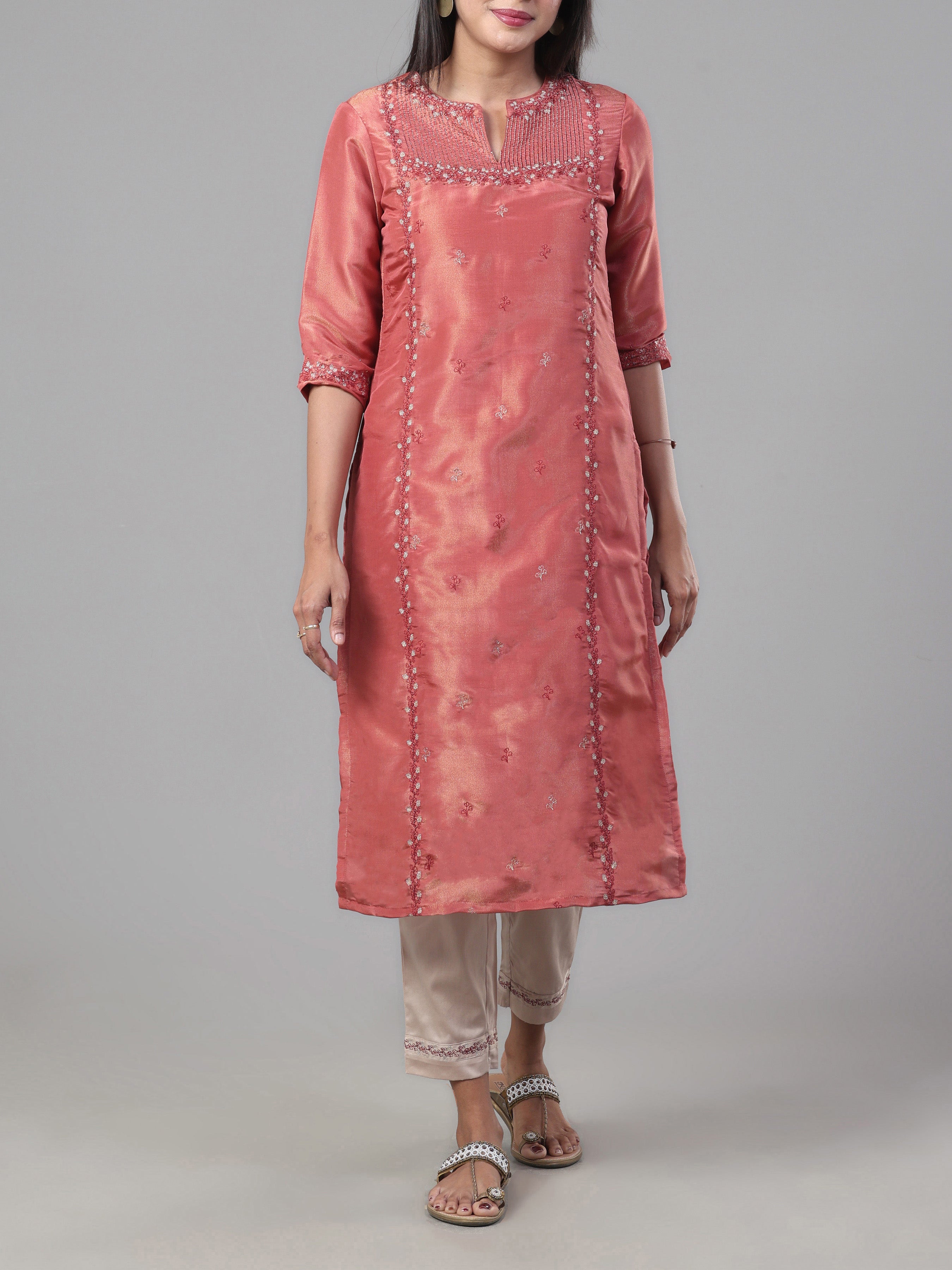 Rust Orange Viscose Shimmer Kurti With Sequins Work And Matching Bottom