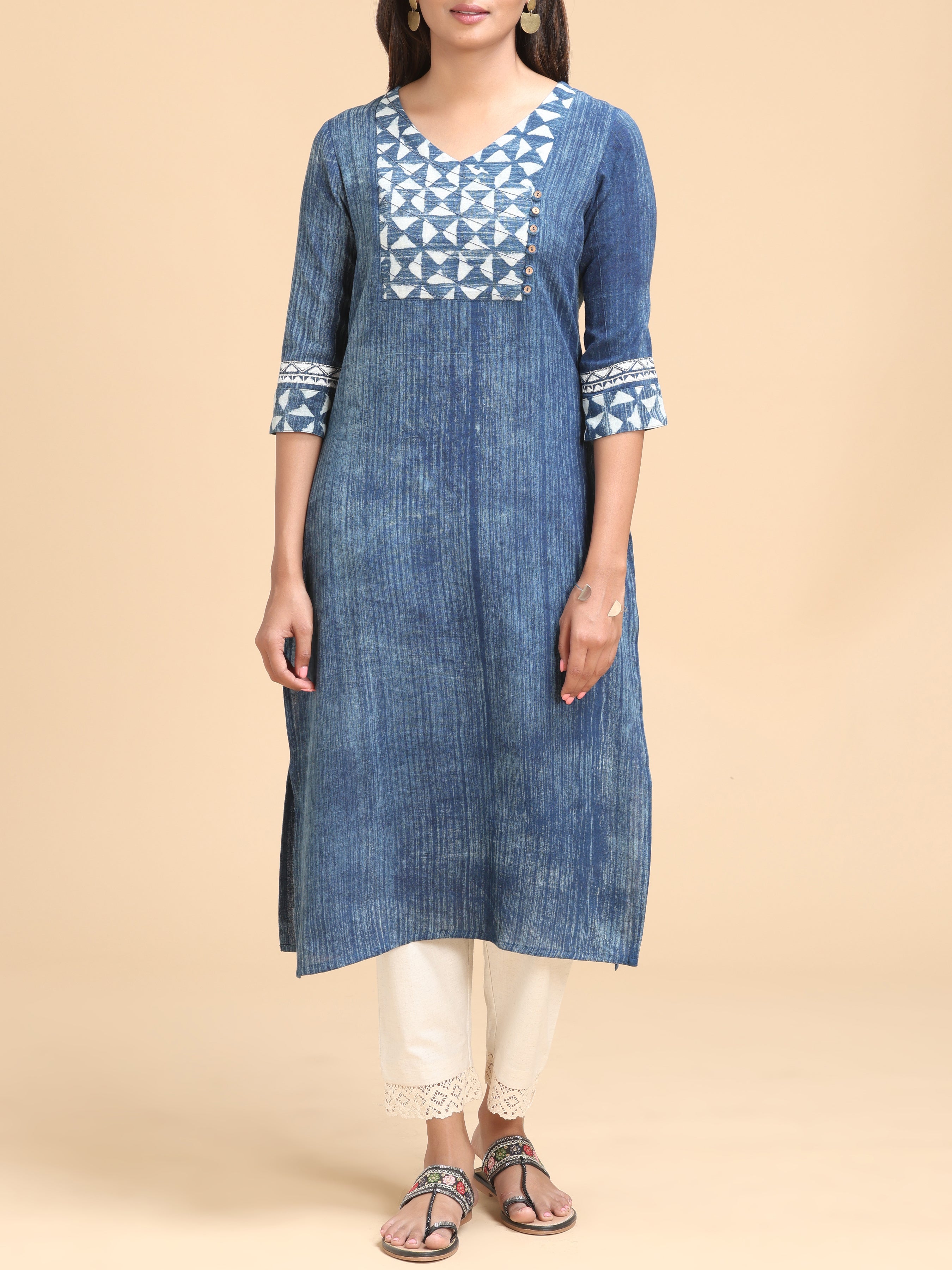 Blue Cotton Flax Kurti With Sequins Work