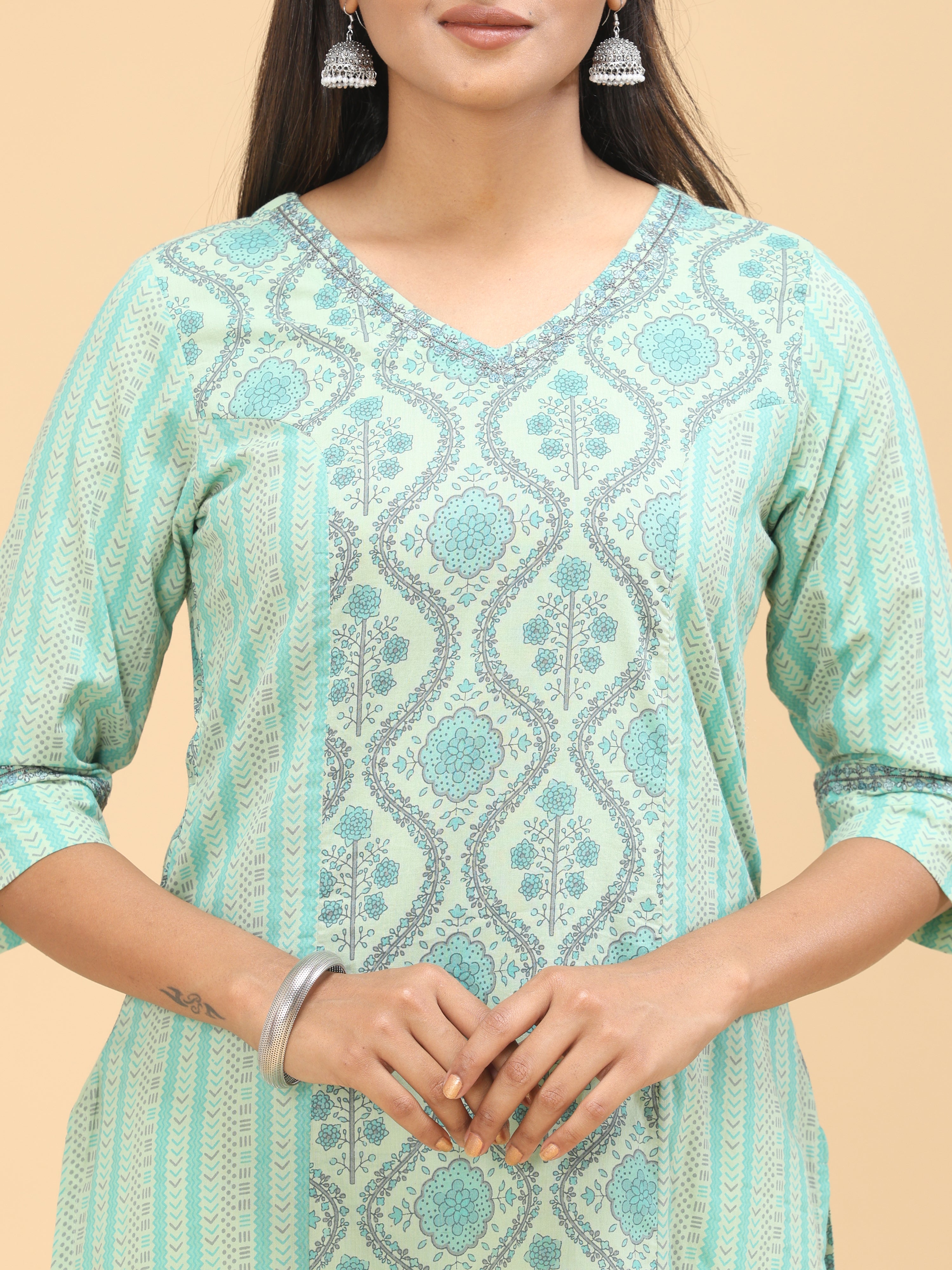 Green Pure Cotton Kurti With Print