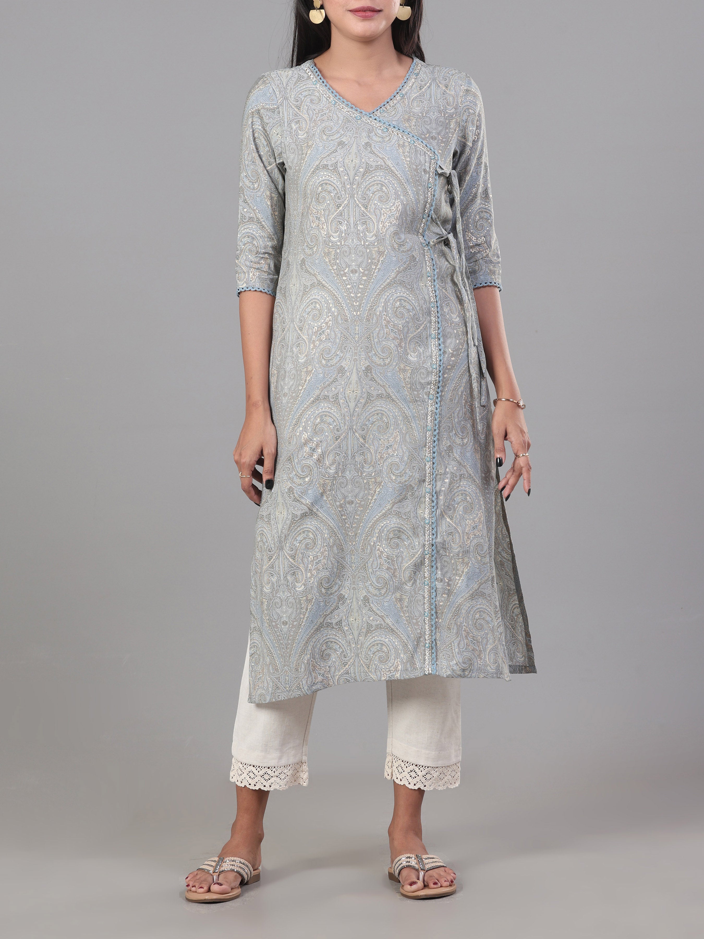 Light Grey Modal Chanderi Printed Kurti With Lace Detailing