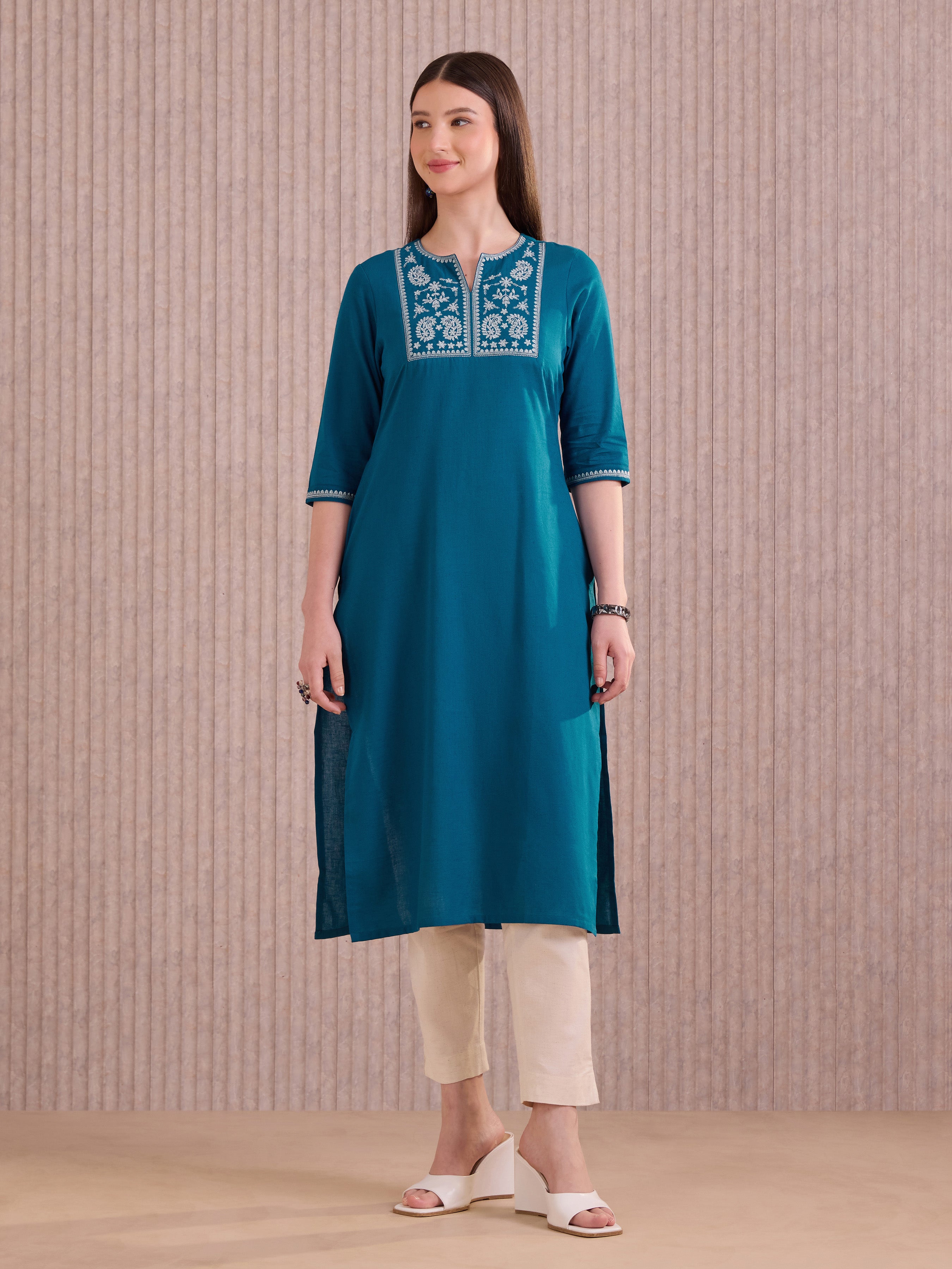 Blue Cotton Flax Kurti With Embroidery