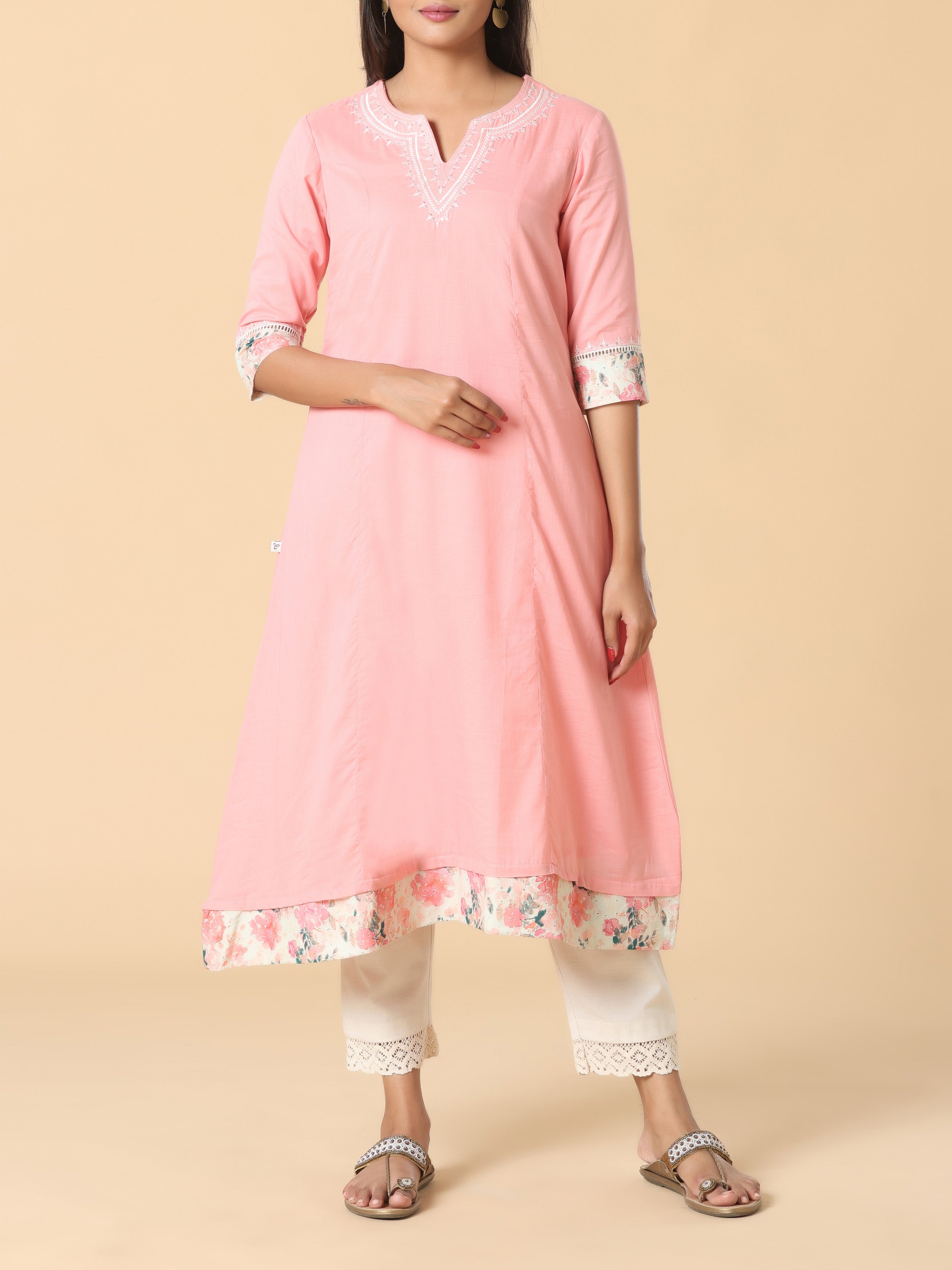 Light Pink Pure Cotton Kurti With Embroidery