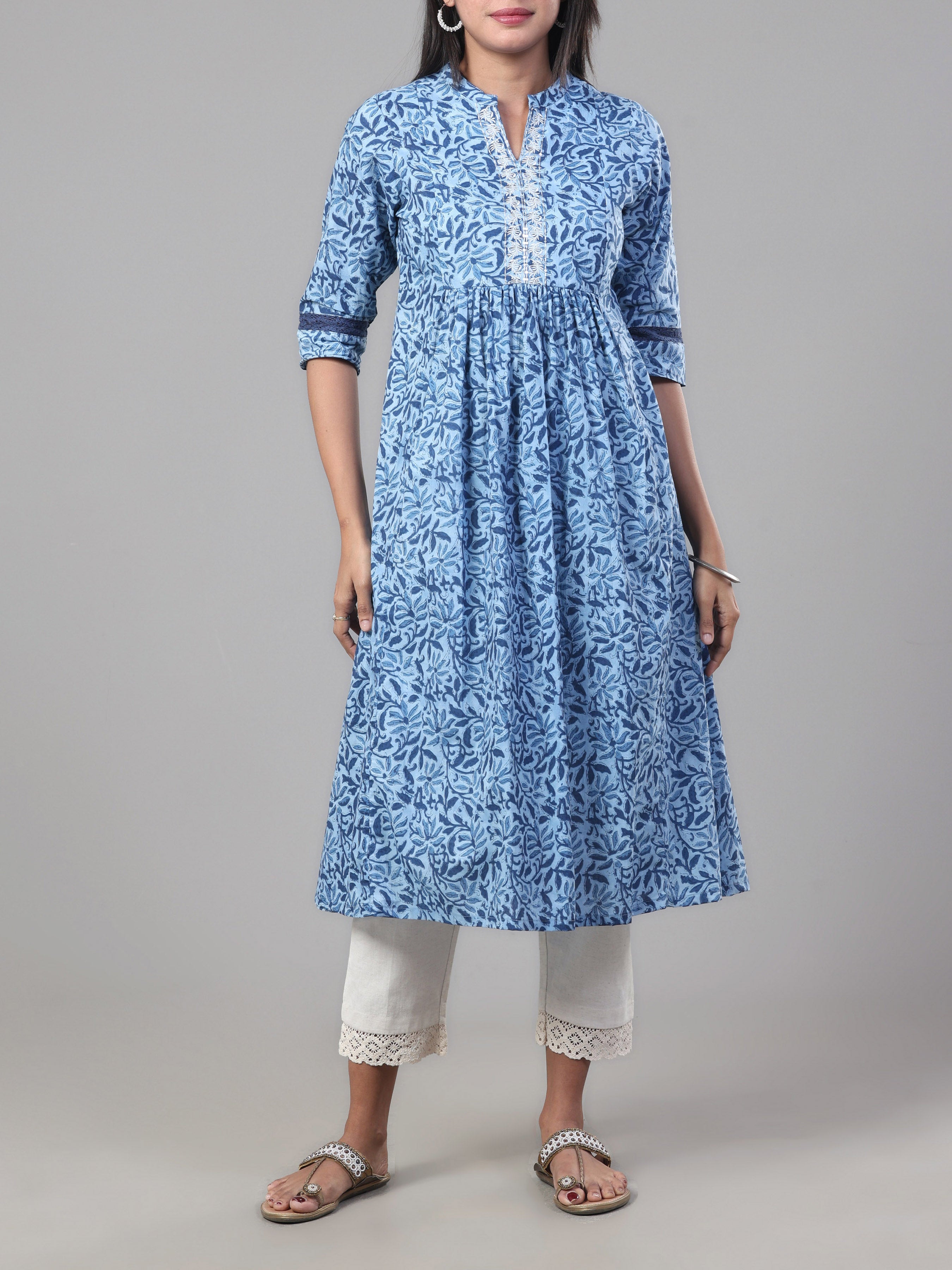 Blue Pure Cotton Printed Kurti With Sequins Work