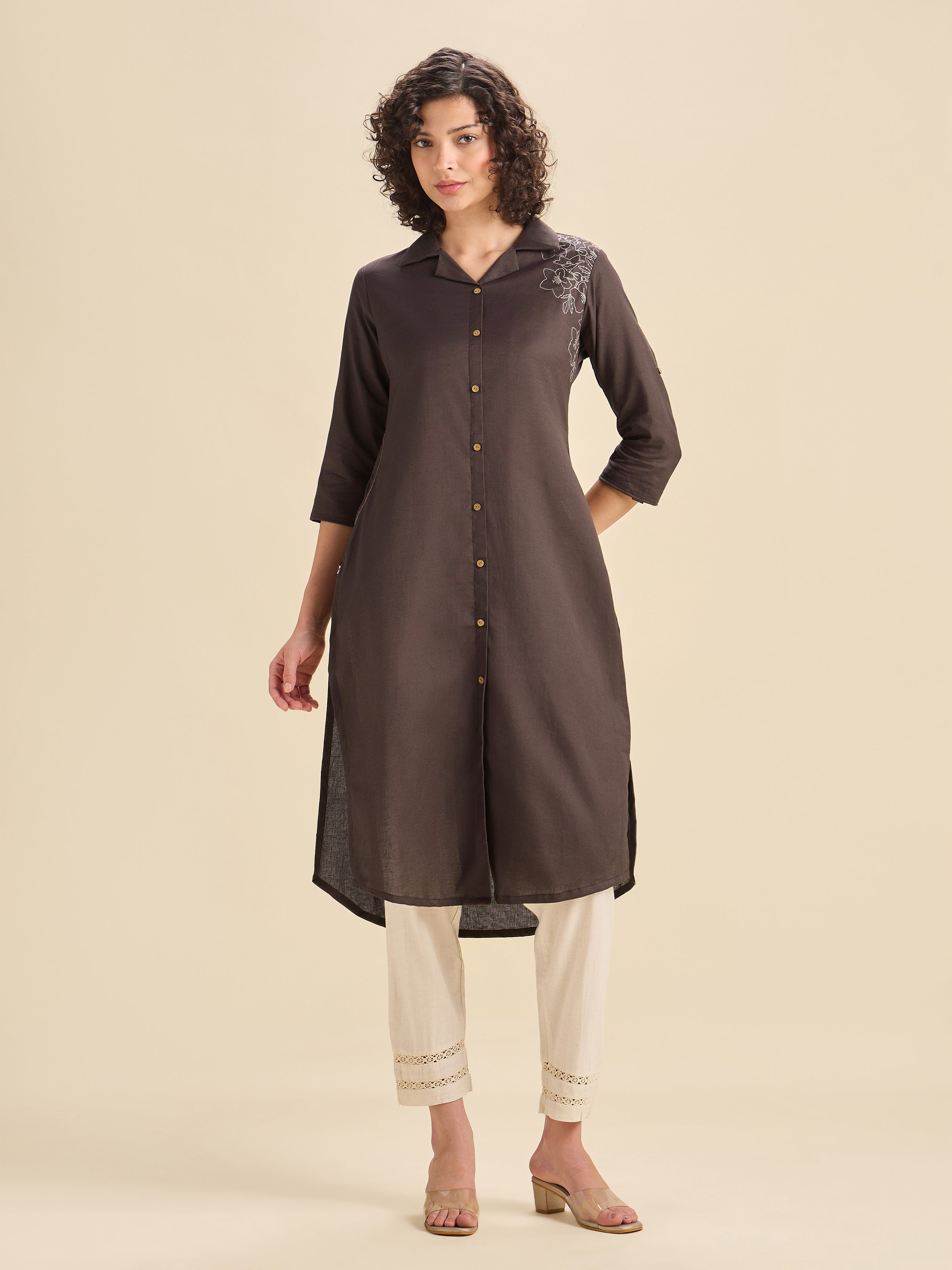 Coffee Brown Cotton Flax Slited Kurti With Embroidery