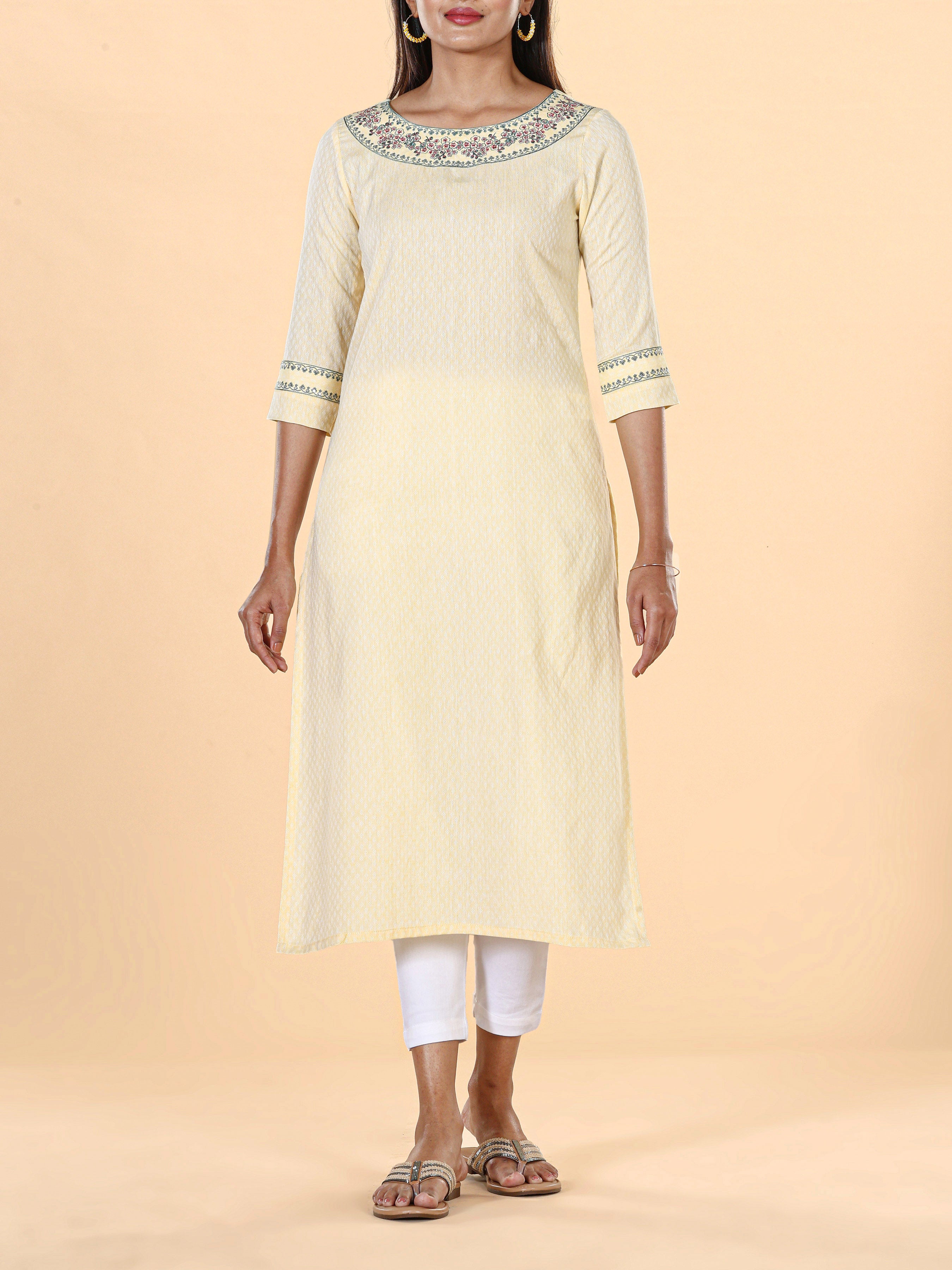 Pale Yellow Cotton Dobby Plain Kurti With Cording Embroidery