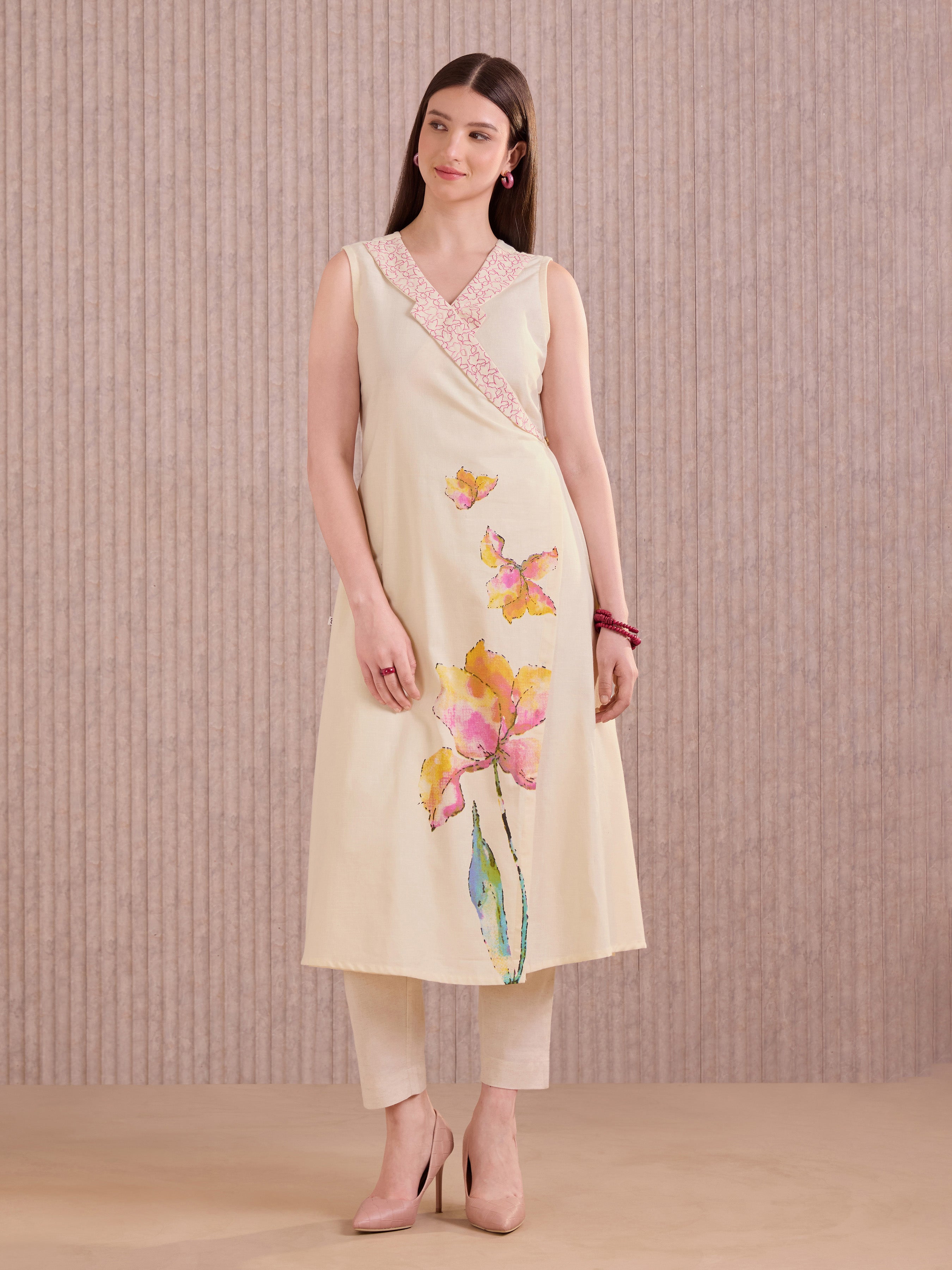 Ivory Cotton Slub Ankrakha Kurti With Print And Embroidery