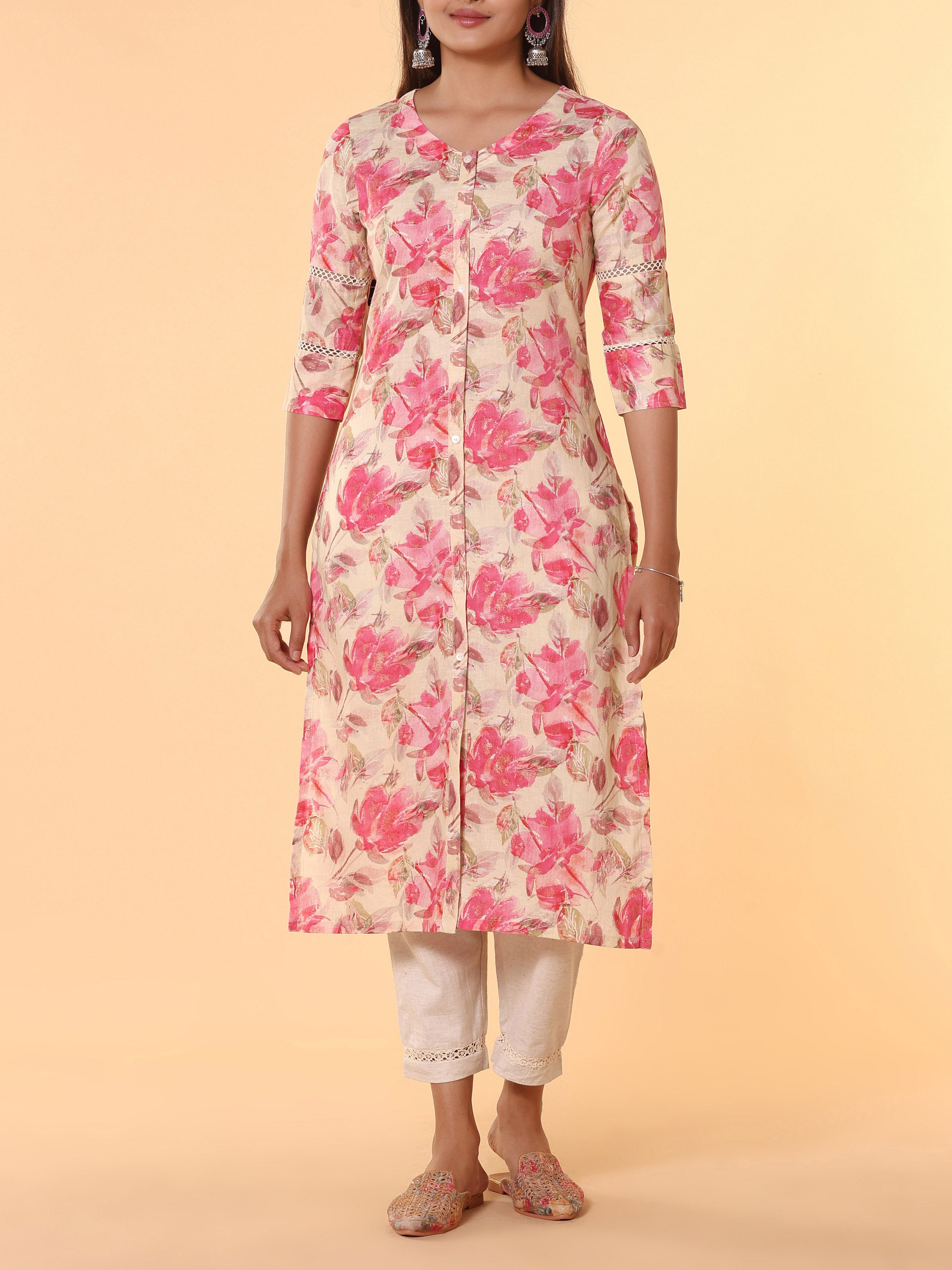 Multi Colour Pure Cotton Printed Kurti With Lace Detailing