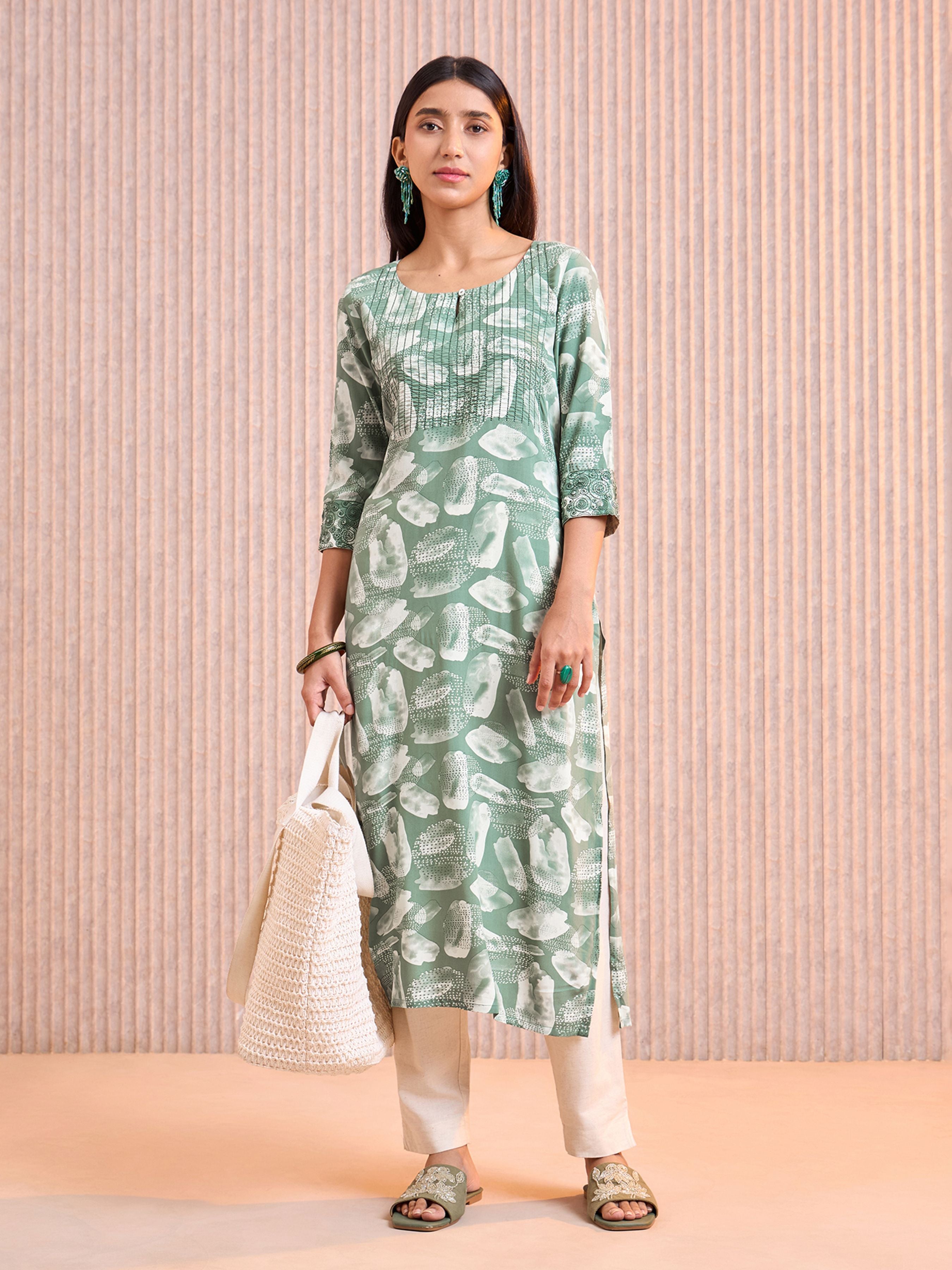 Olive Green Viscose Printed Kurti With Running Stitch Embroidery