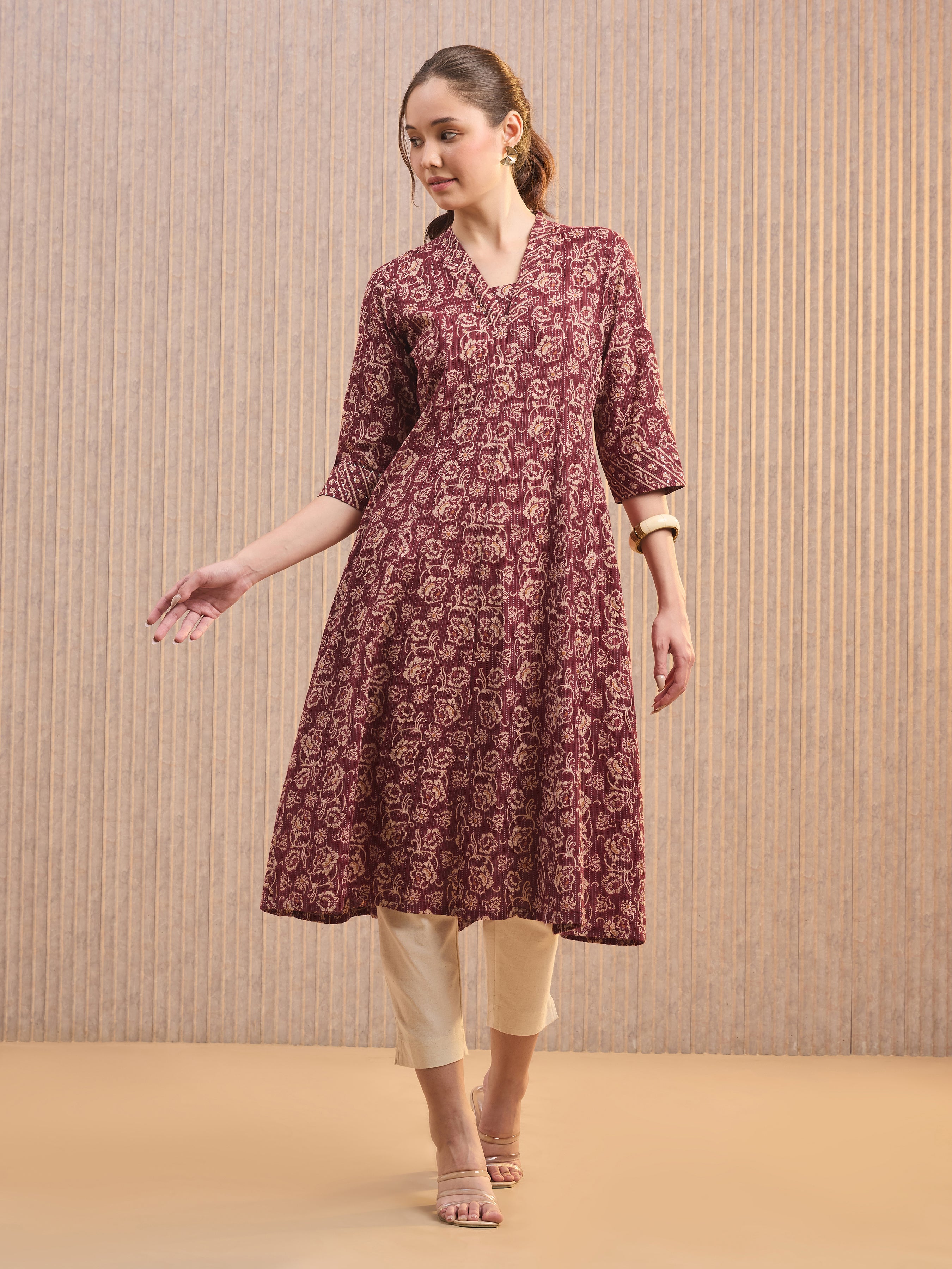 Maroon Pure Cotton Katha Printed Kali Cut Kurti With Sequins Work