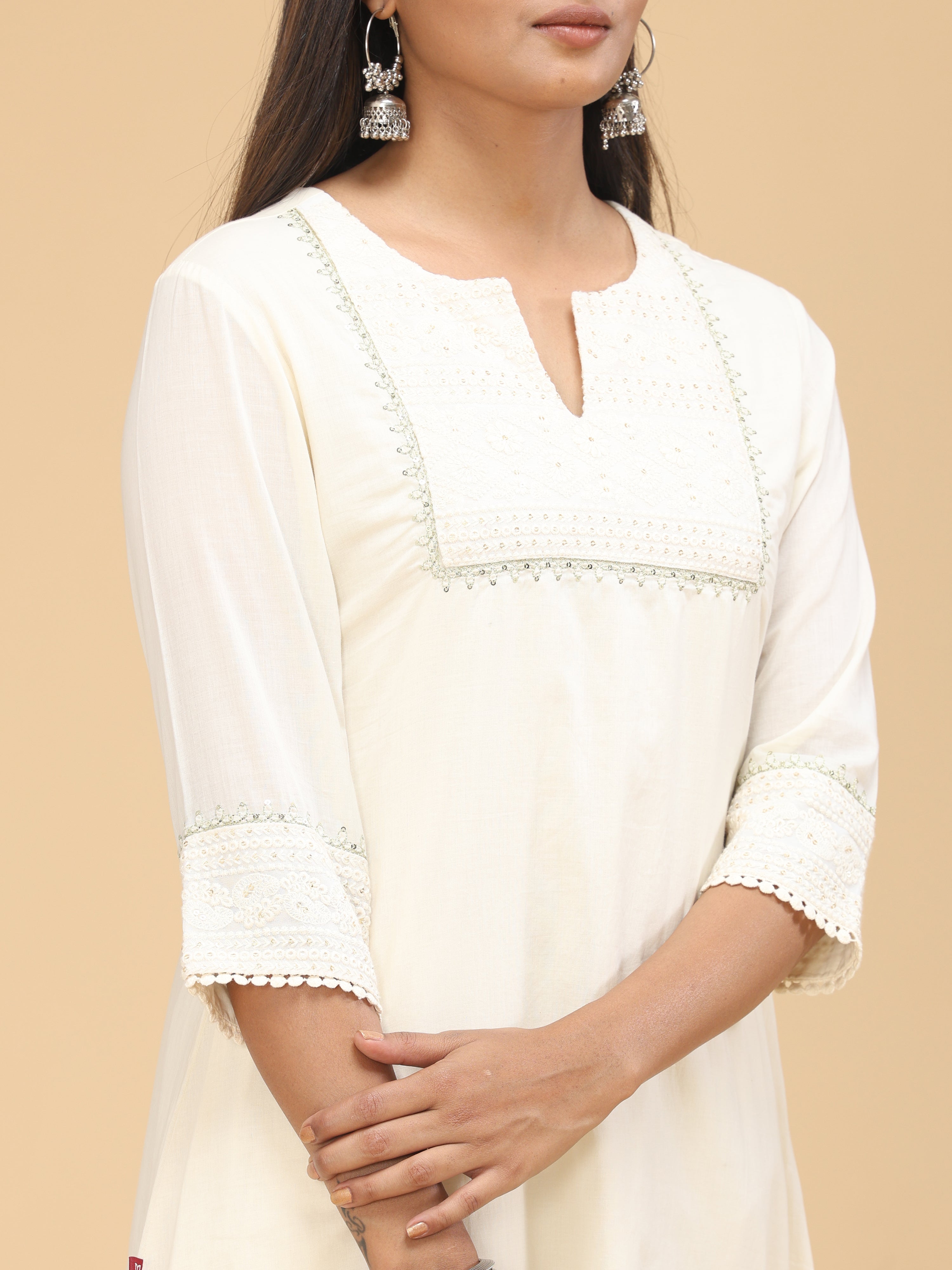 Off-White Cotton Kurti With Embroidery And Sequins Work
