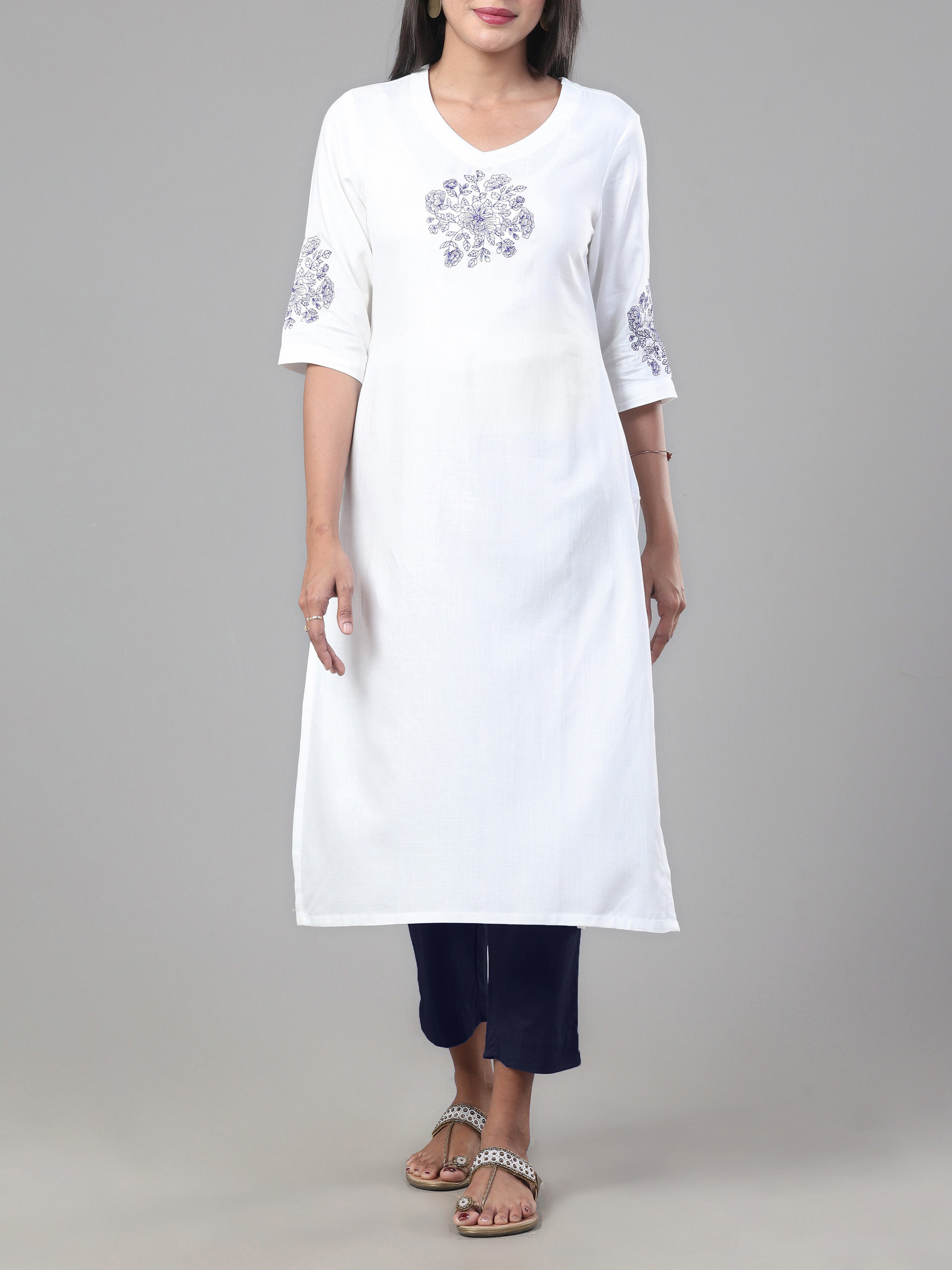 White Viscose Twill Plain Kurti With Embroidery