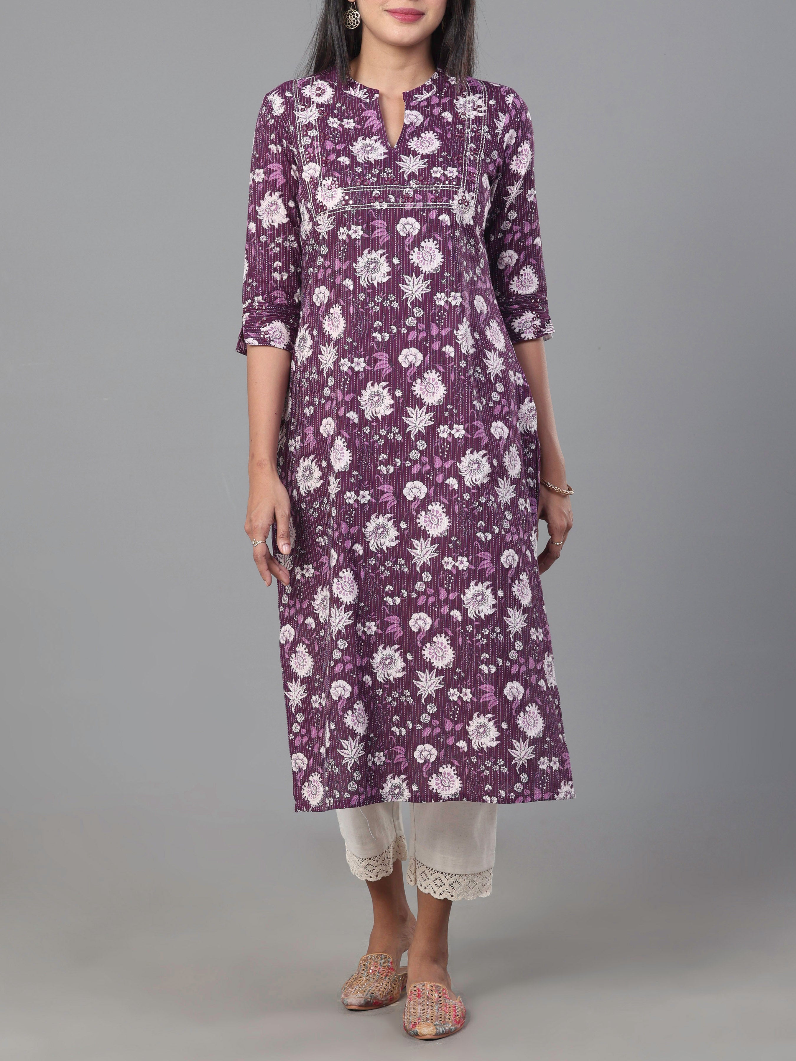Purple Pure Cotton Printed Kurti With Embroidery