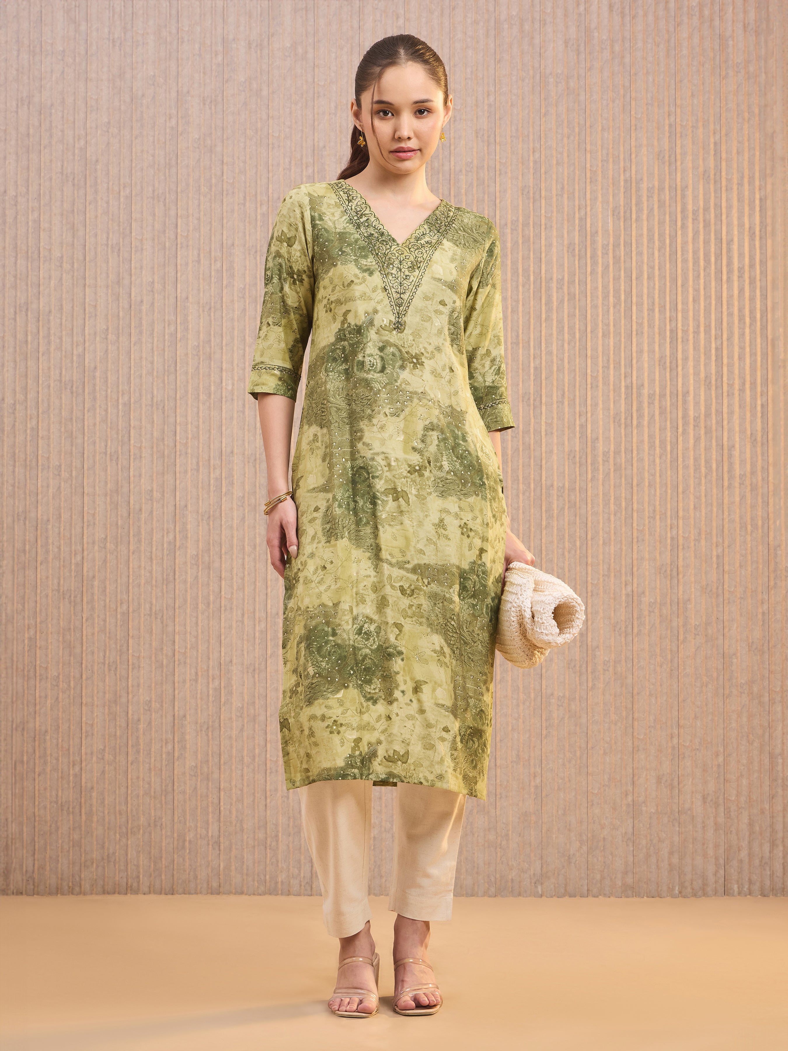 Green Modal Chanderi Foil Printed Kurti With Sequins Work