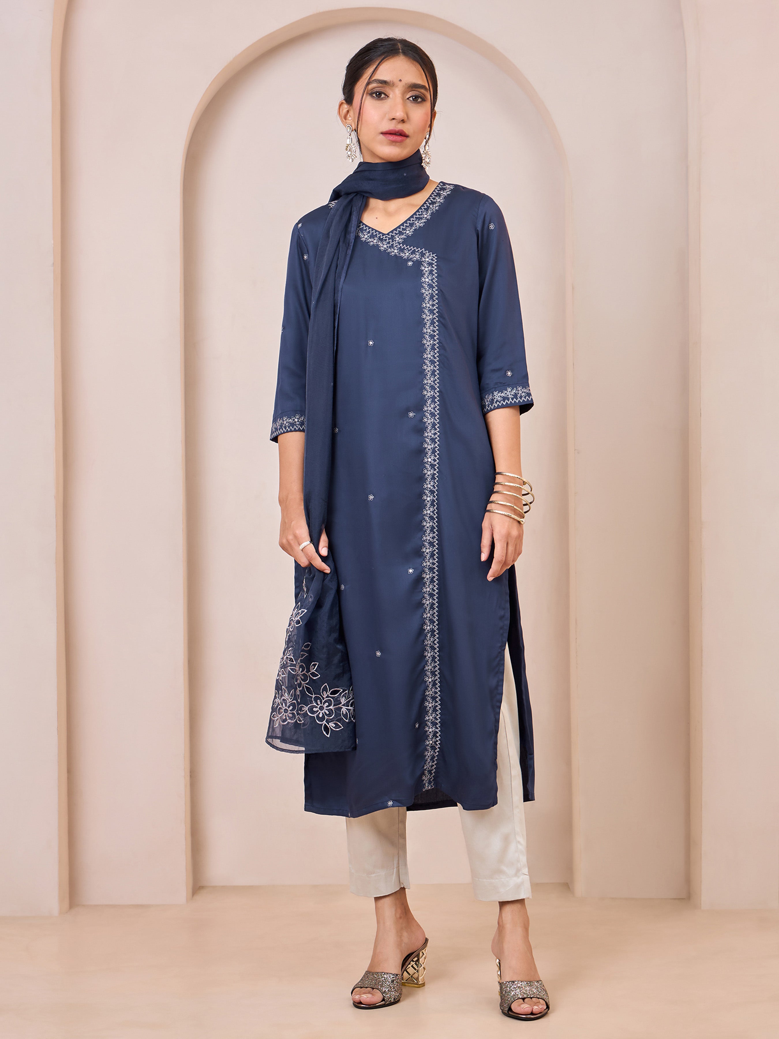 Navy Blue Viscose Plain Kurti Set & Dupatta With Hand Work Embroidery