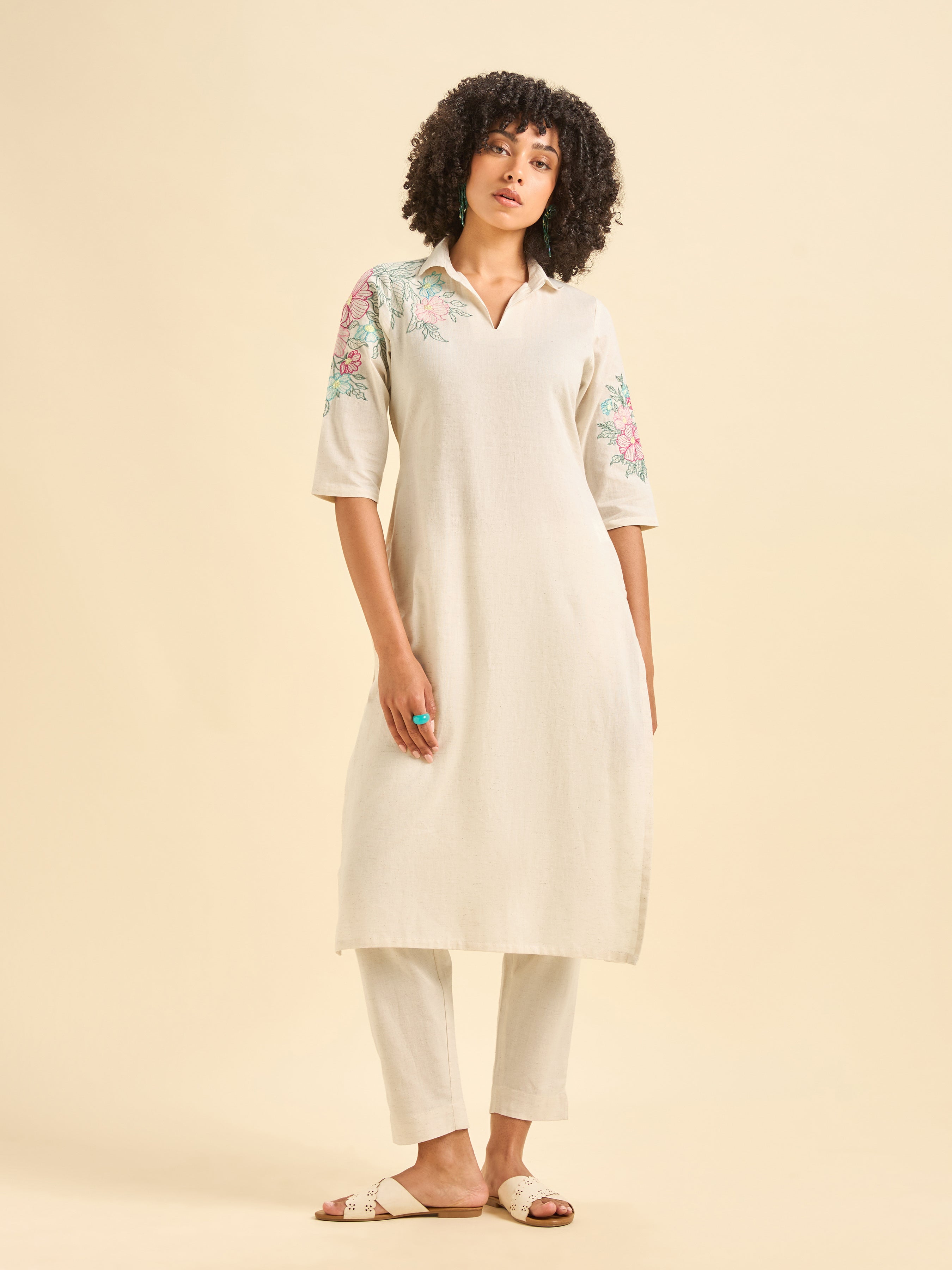 Ivory Cotton Flax Plain Slited Kurti With Embroidery